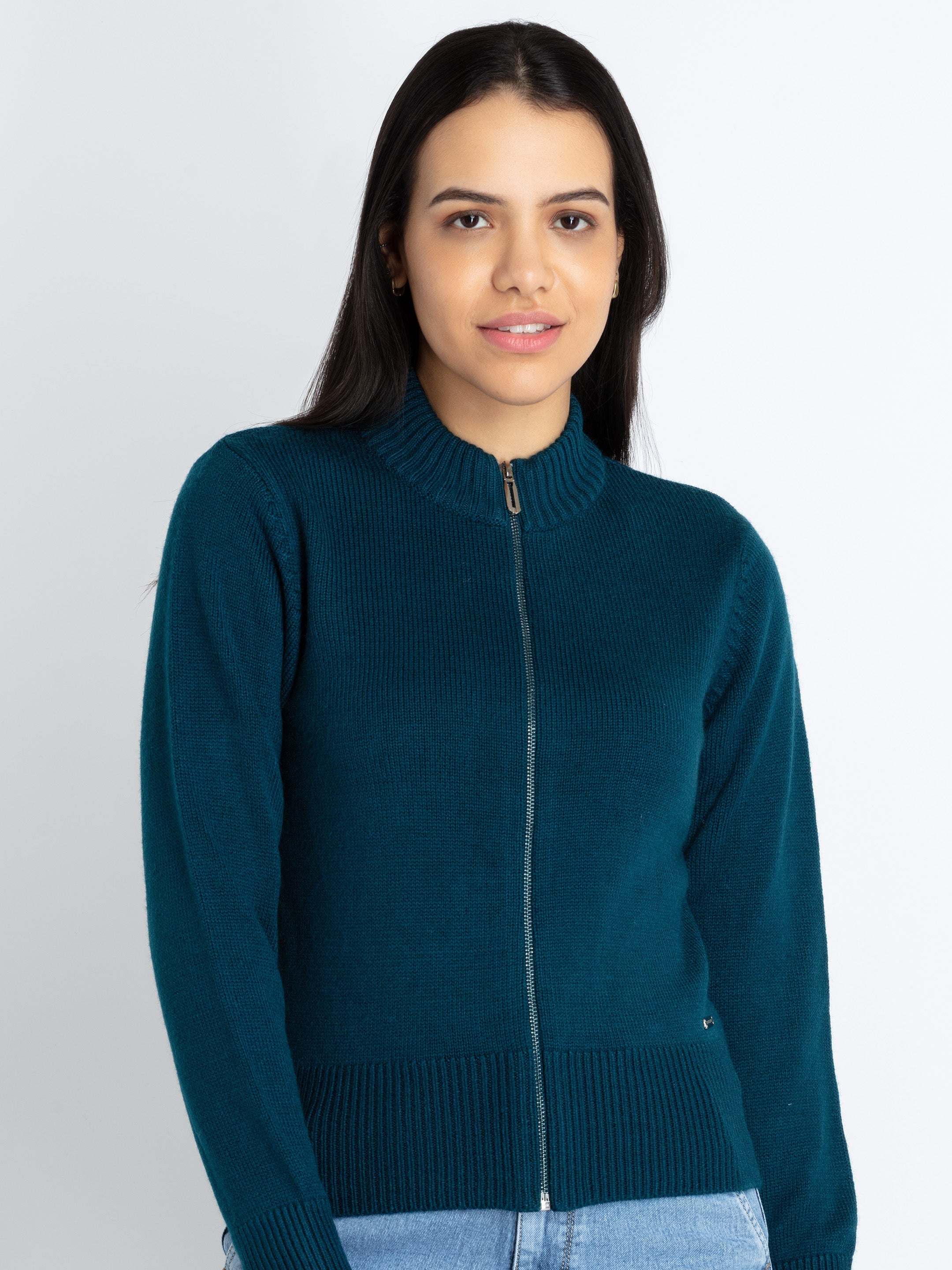 Buy Teal Solid Zipper Turtle Neck Sweater for Women Status Quo