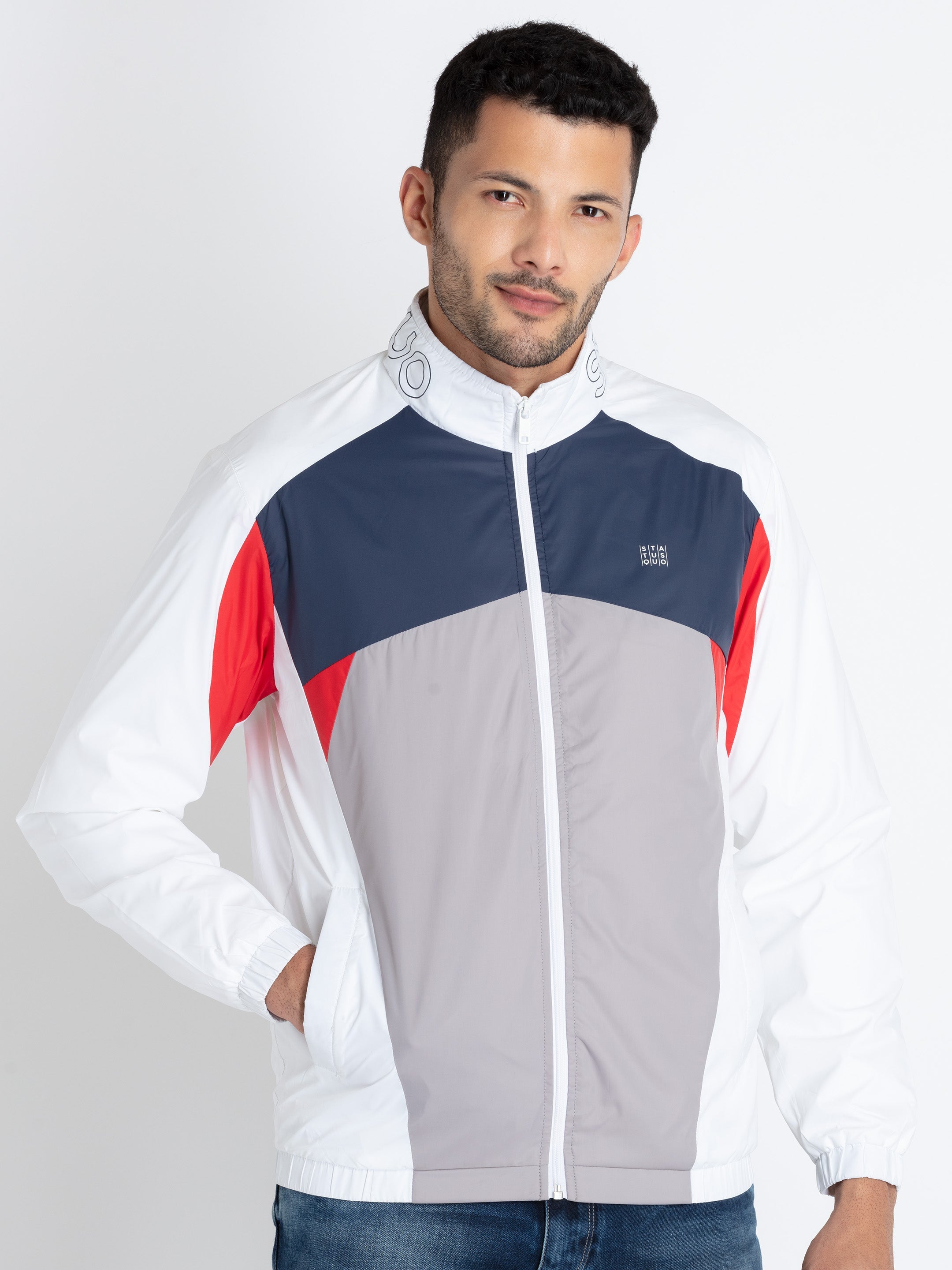 Buy White/Navy Cut & Sew High Neck Jacket for Men | Status Quo