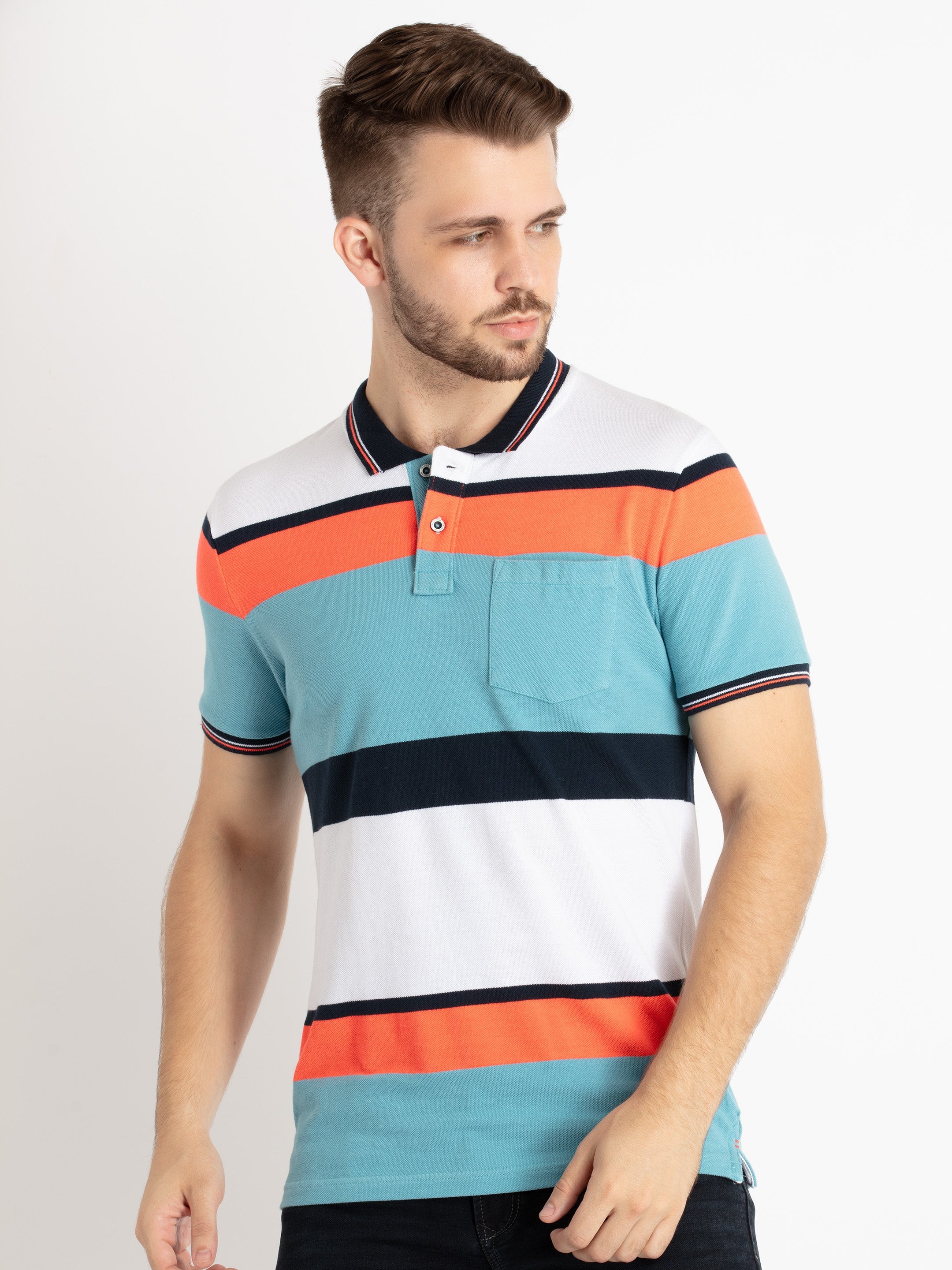 Mens Striped Polo T-Shirt S NAVY/ORANGE SQ-CL-23566-NAVY/ORANGE