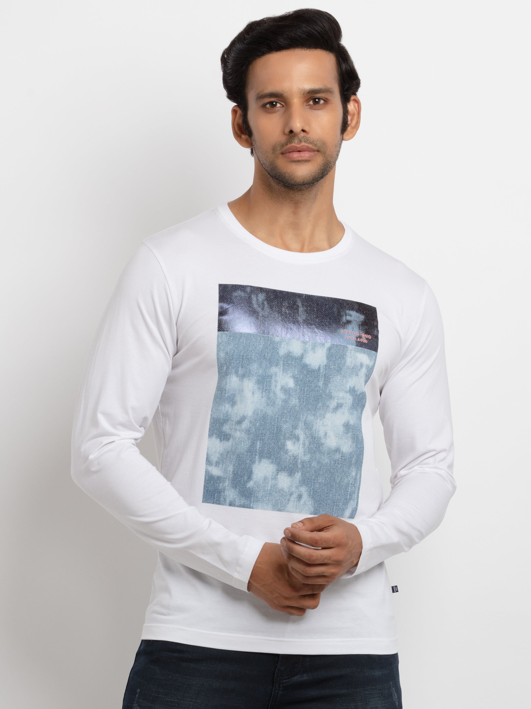 Mens Printed Full Sleeves T shirt S White SQ RN 22687 F S White