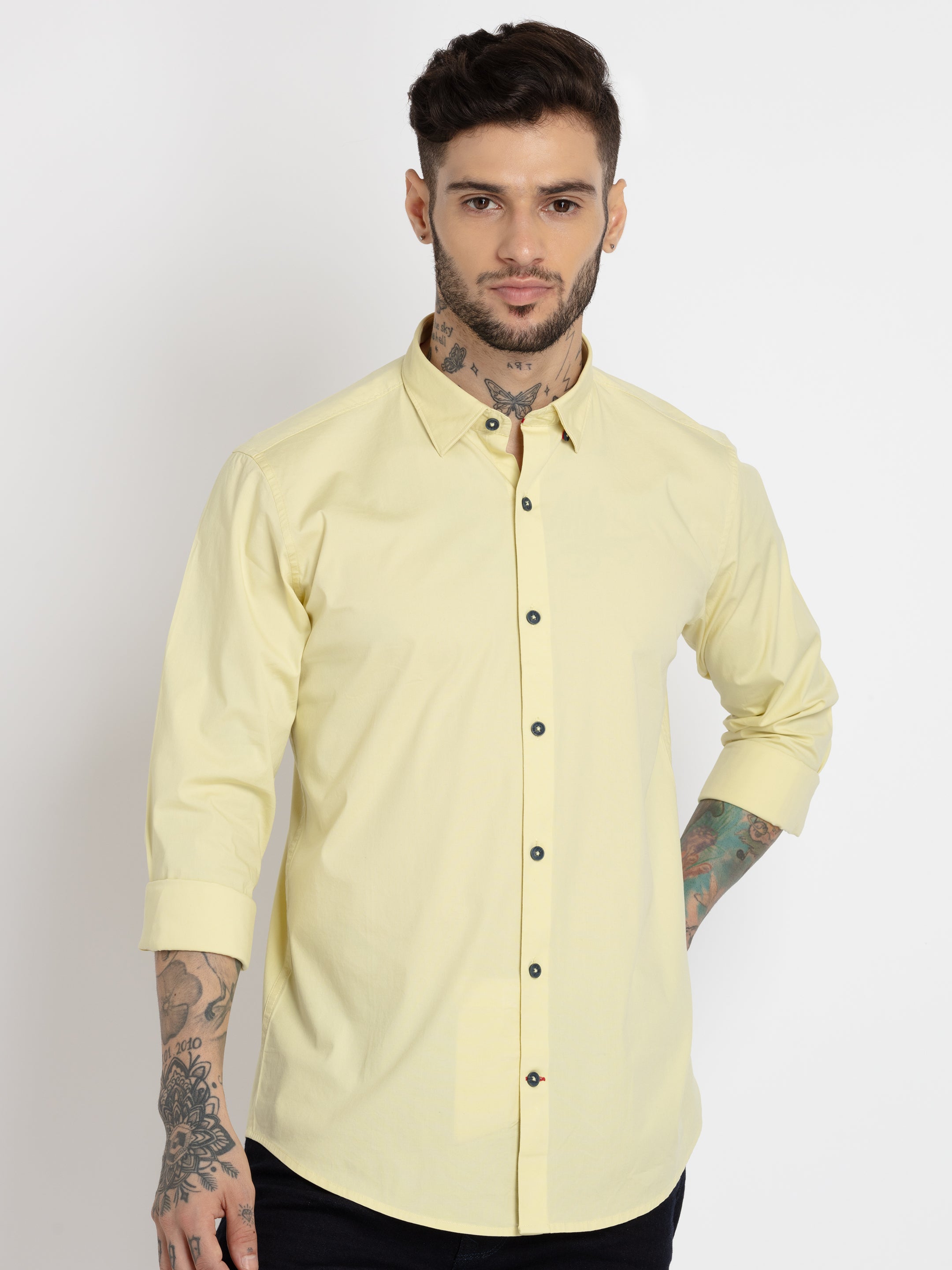 Mens Solid Cotton Slim Fit Shirt XXL PASTEL YELLOW SQ-SS-22290(F/S)-PASTEL YELLOW