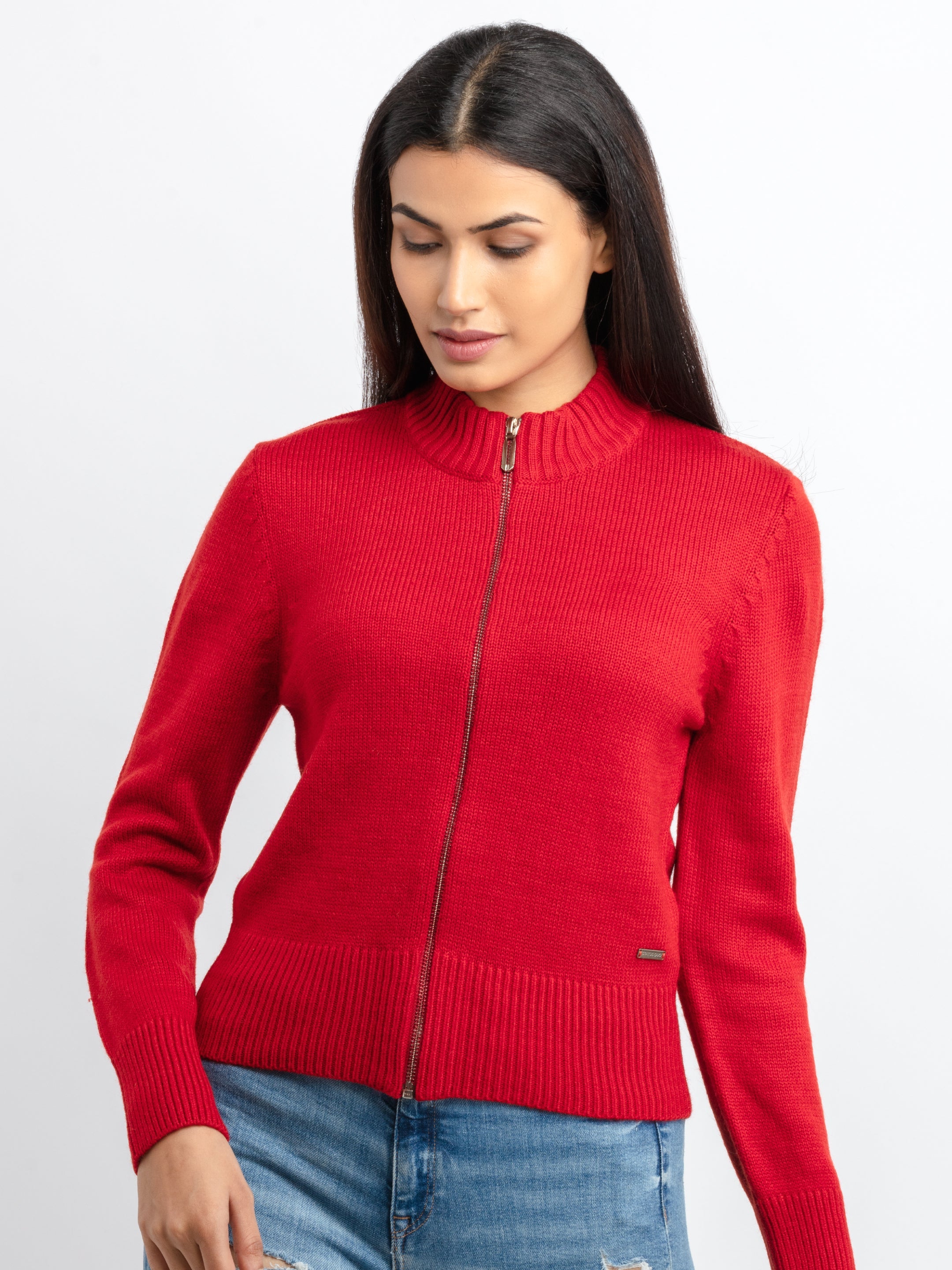 Buy Red Solid High Neck Sweater for Women | Status Quo