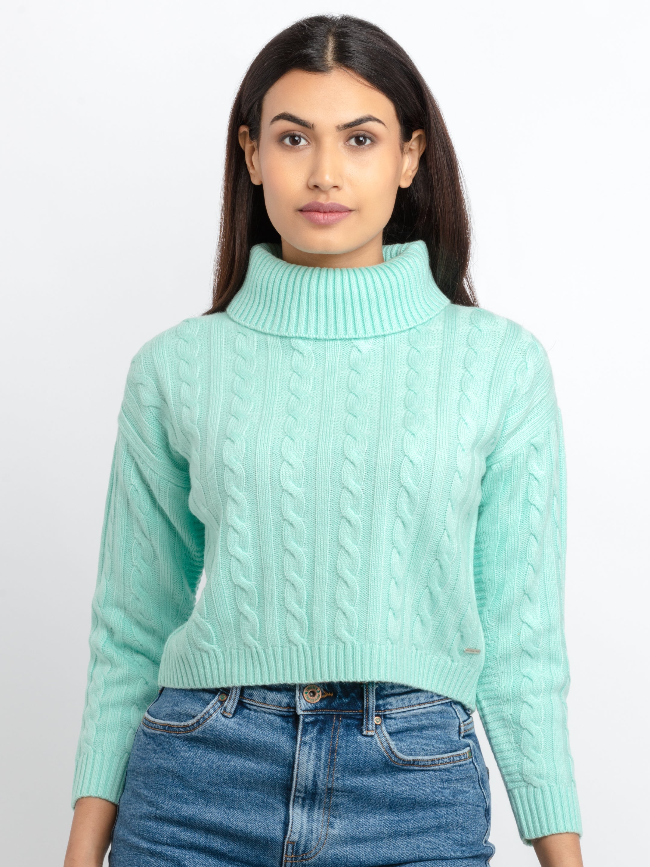 Womens Cable Knit Turtle Neck Sweater - S / Sea Green / SQW-FK-22966-Sea  Green