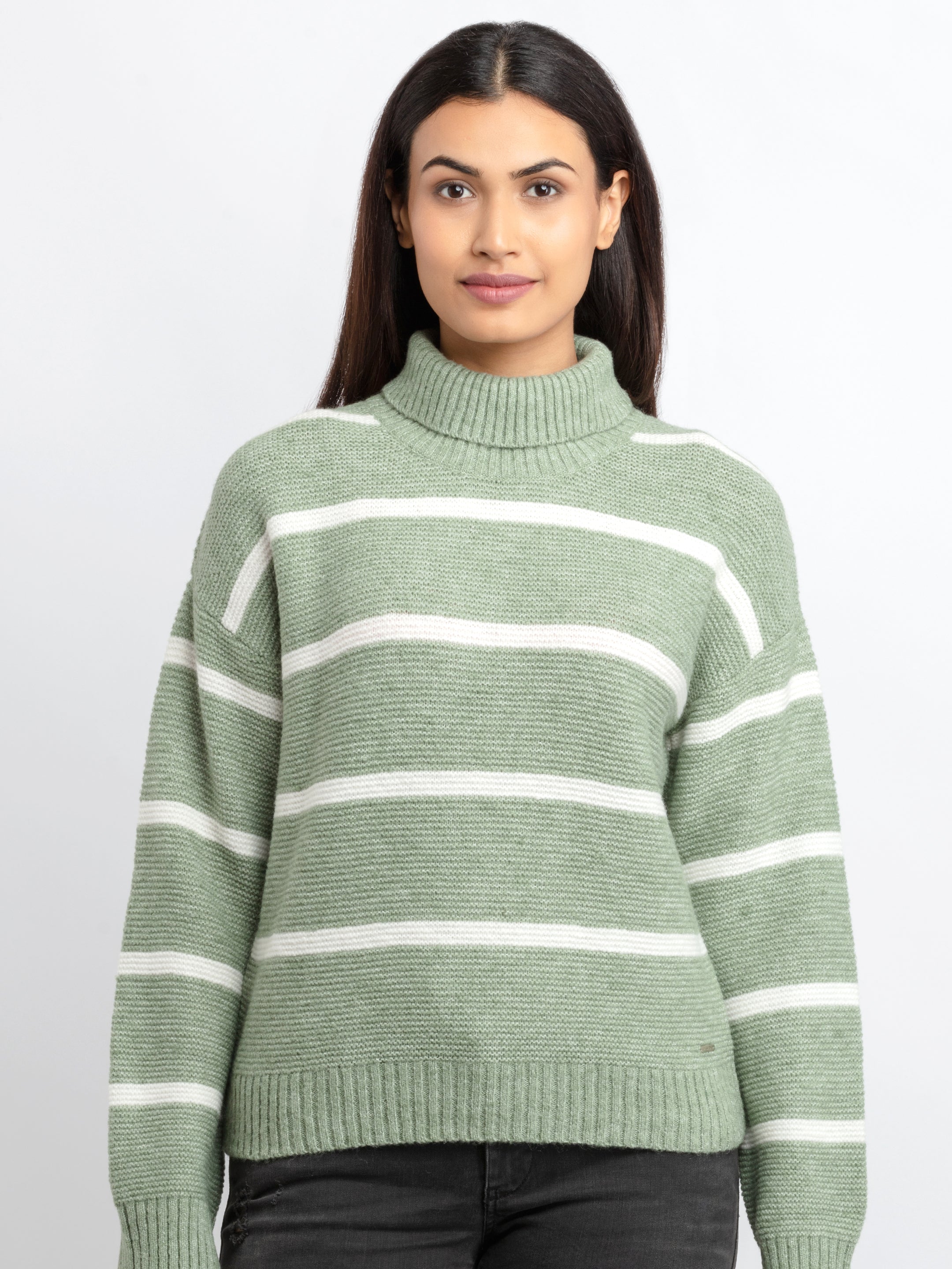 Womens Striped Turtle Neck Sweater S Olive SQW-FK-22981-Olive