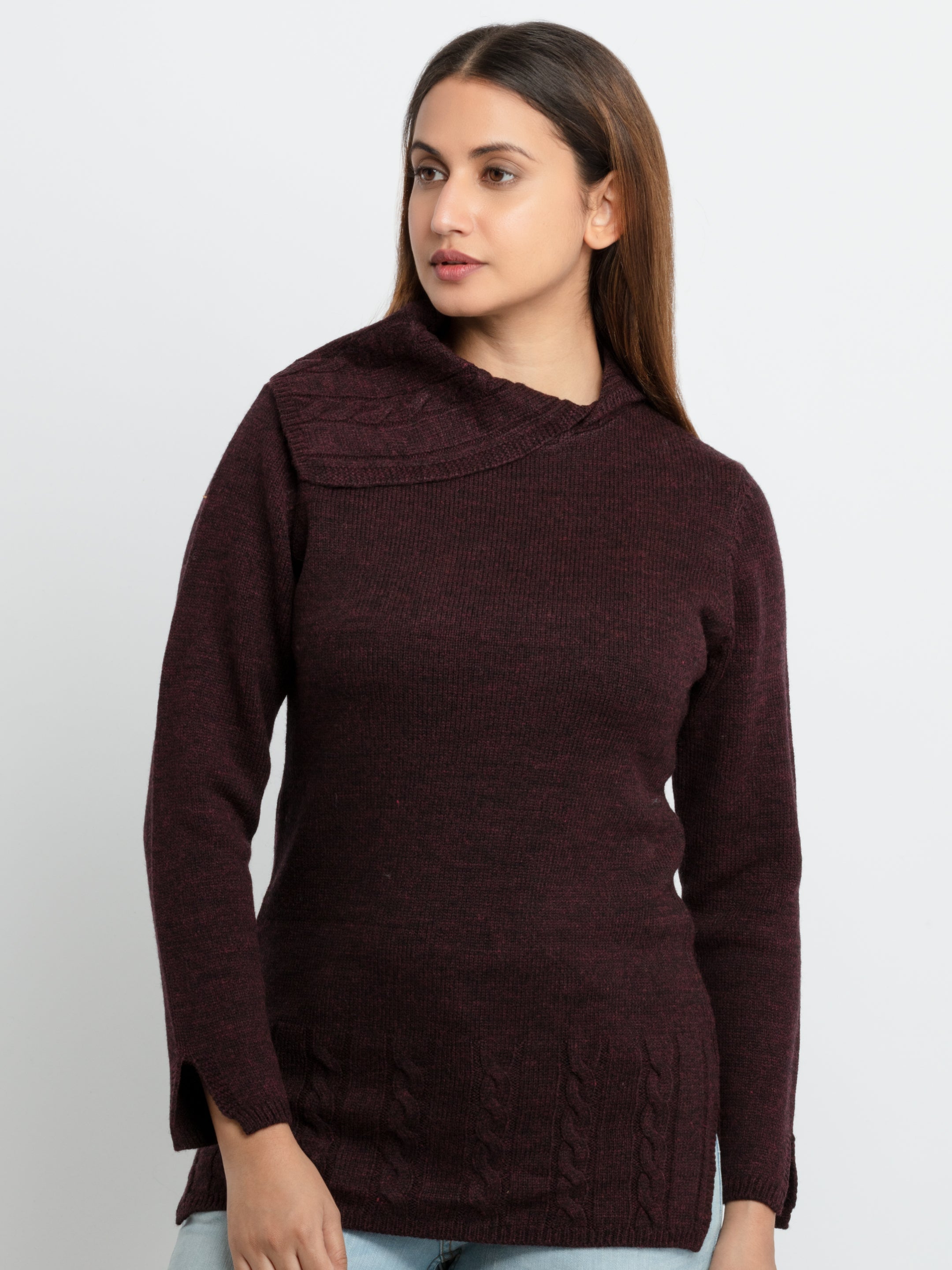 Womens Knitted Cowl Neck Sweater - S / Maroon / SQW-FK-22982-Maroon