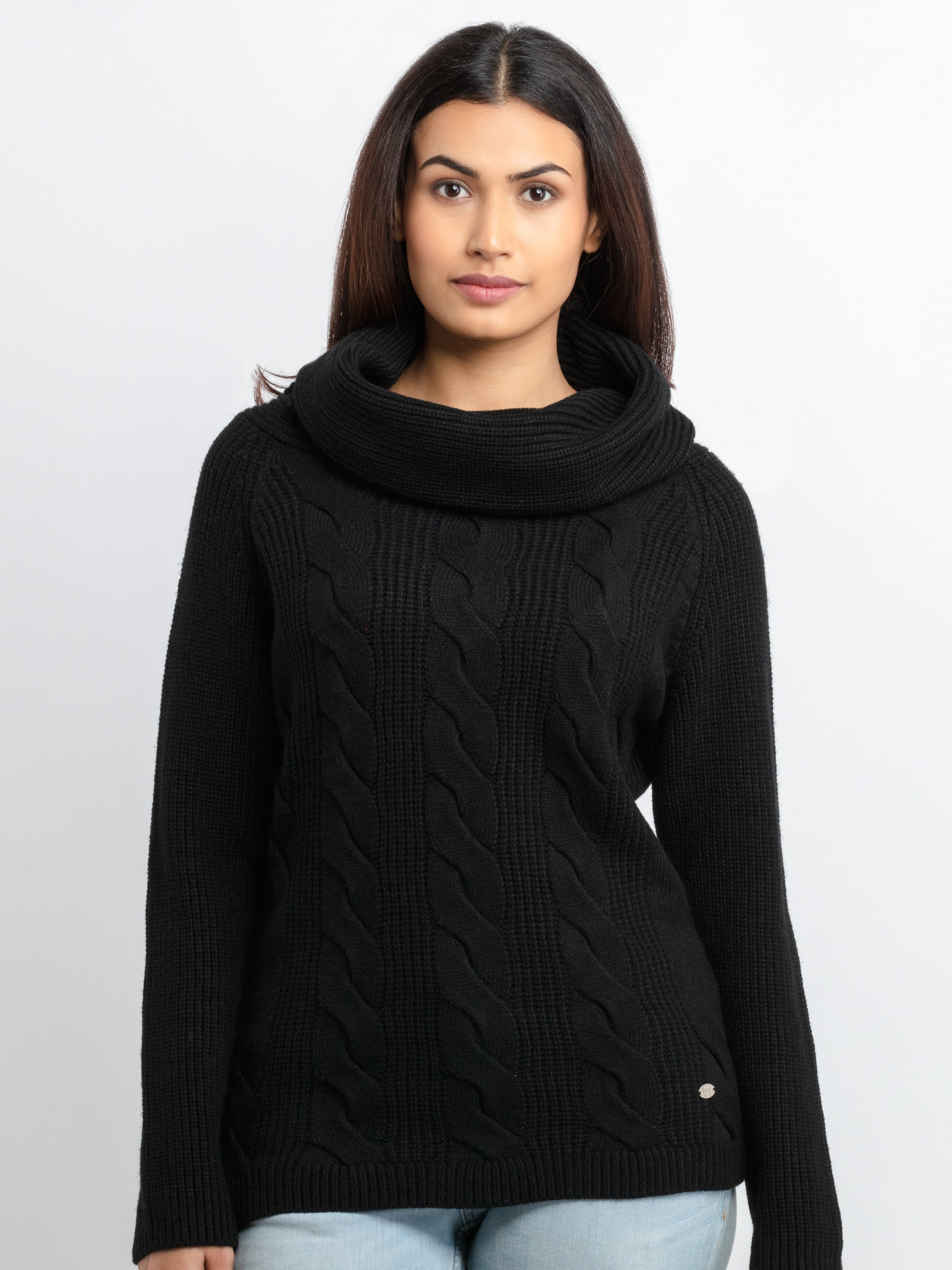 Womens Cable Knit Cowl Neck Sweater S Black SQW-FK-22983-Black