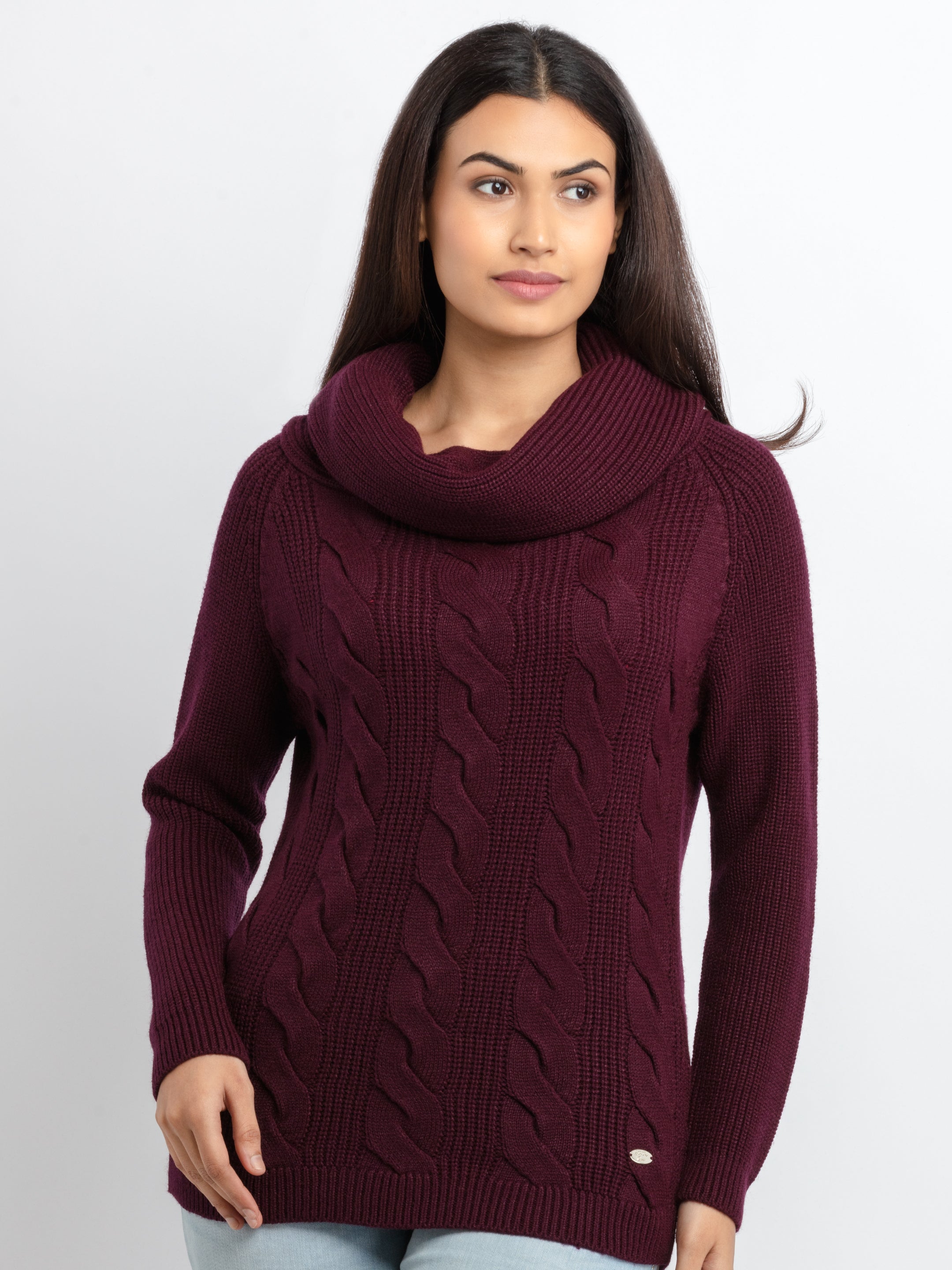 Womens Cable Knit Cowl Neck Sweater - S / Wine / SQW-FK-22983-Wine