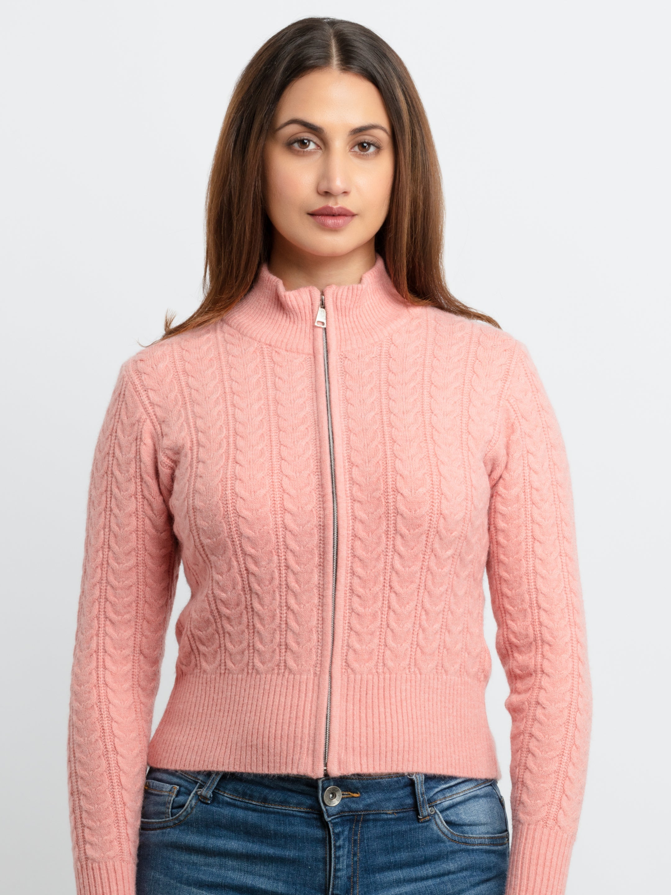 Womens Cable Knit High Neck Sweater S Pink SQW-FK-22987-Pink