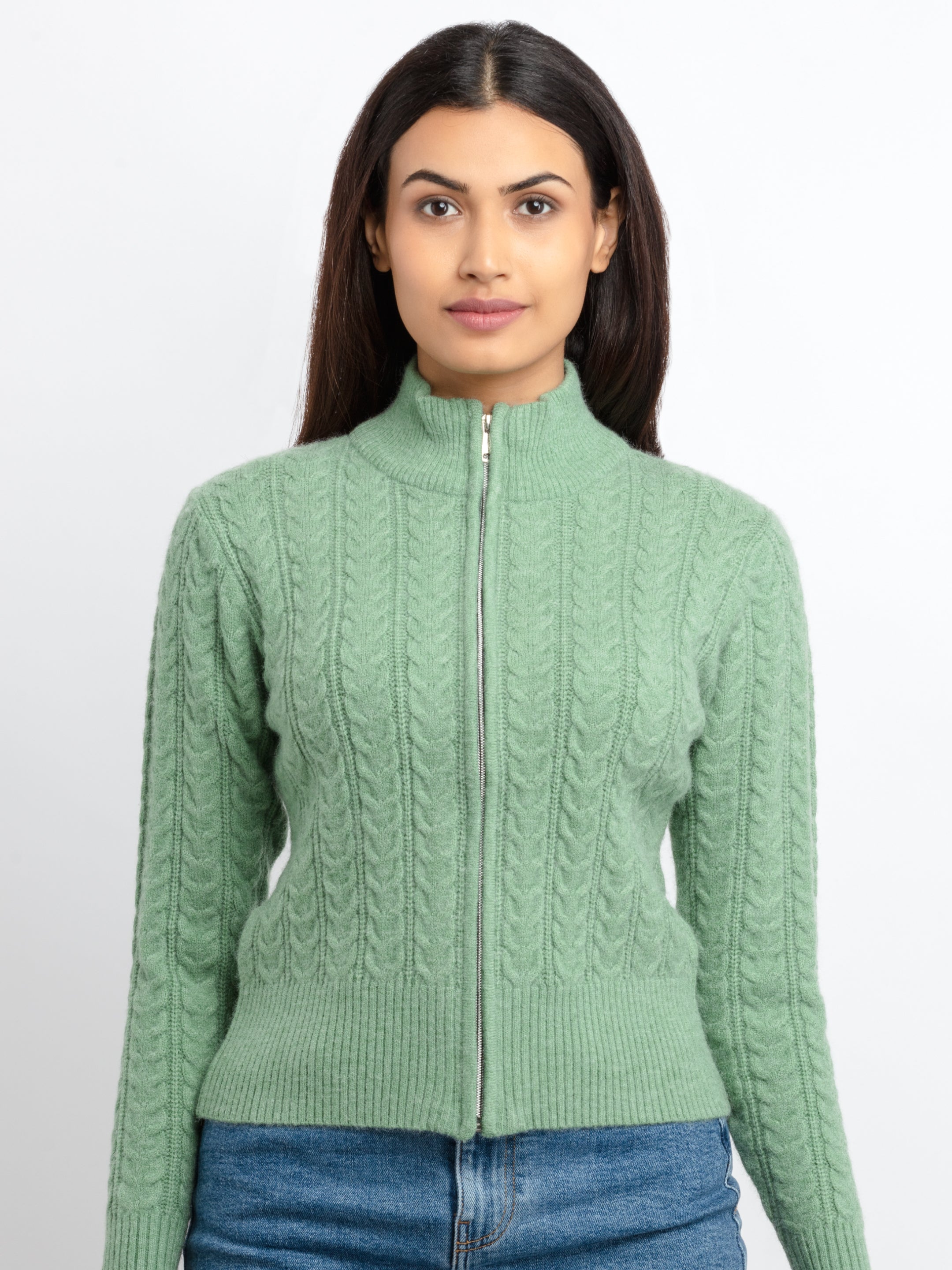 Cable Knit Sweater Sweater Green Light Womens Cable Knit High Neck