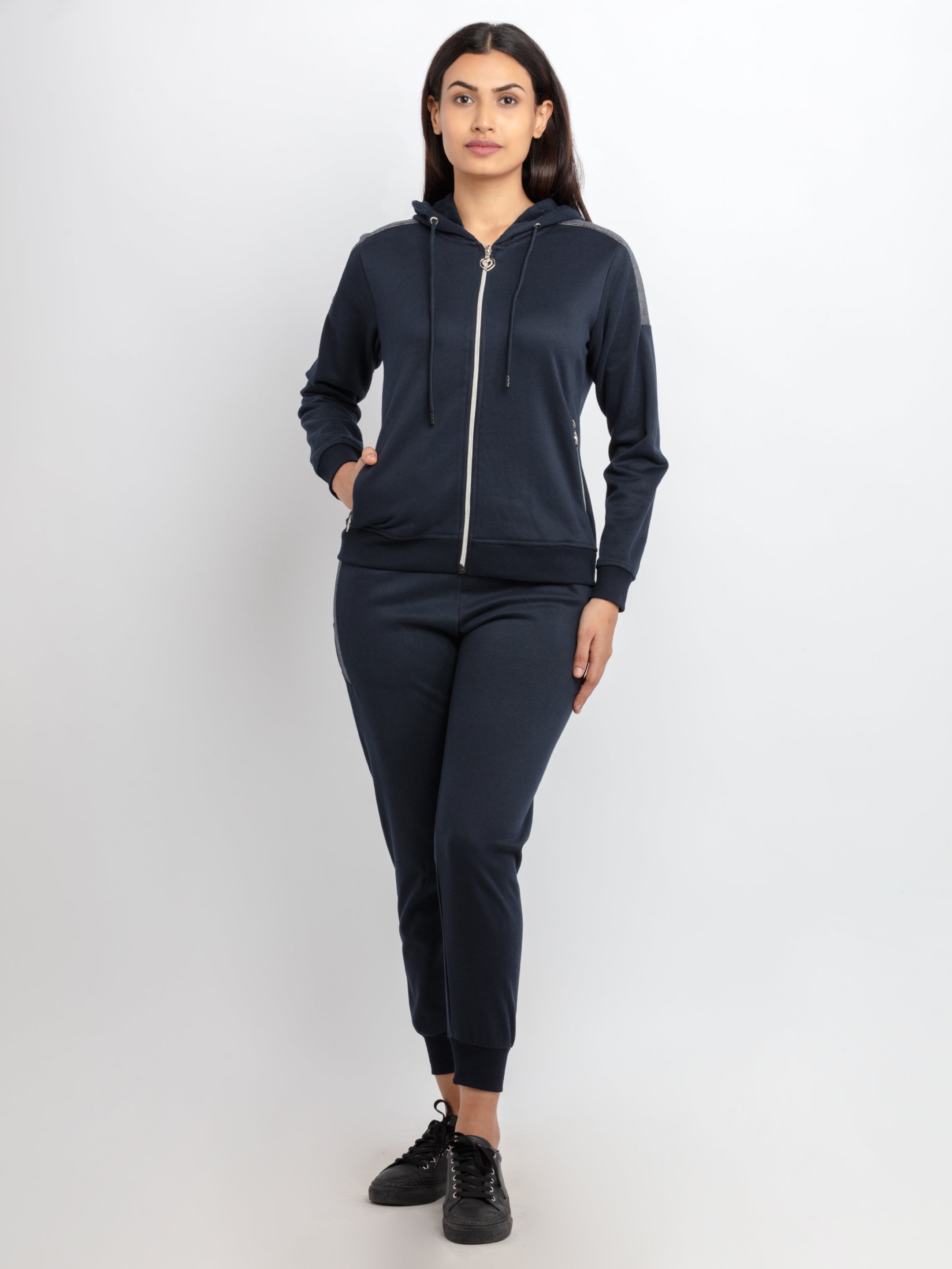 Womens Solid Zipper Tracksuit - S / Navy / SQW-TRACKSUIT-22890-Navy