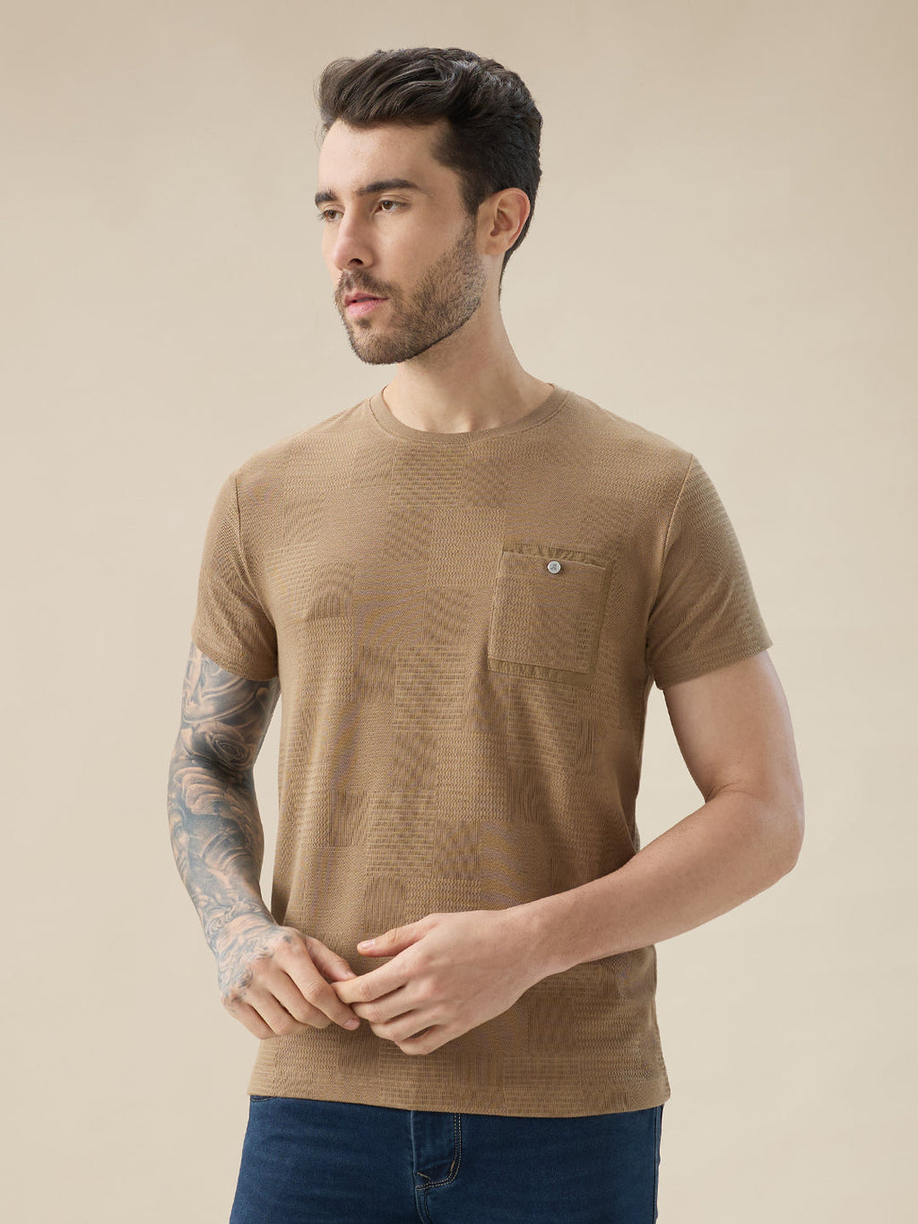 Men's Jacquard Textured Round Neck Half Sleeve Regular Fit T-Shirt with Chest Pocket