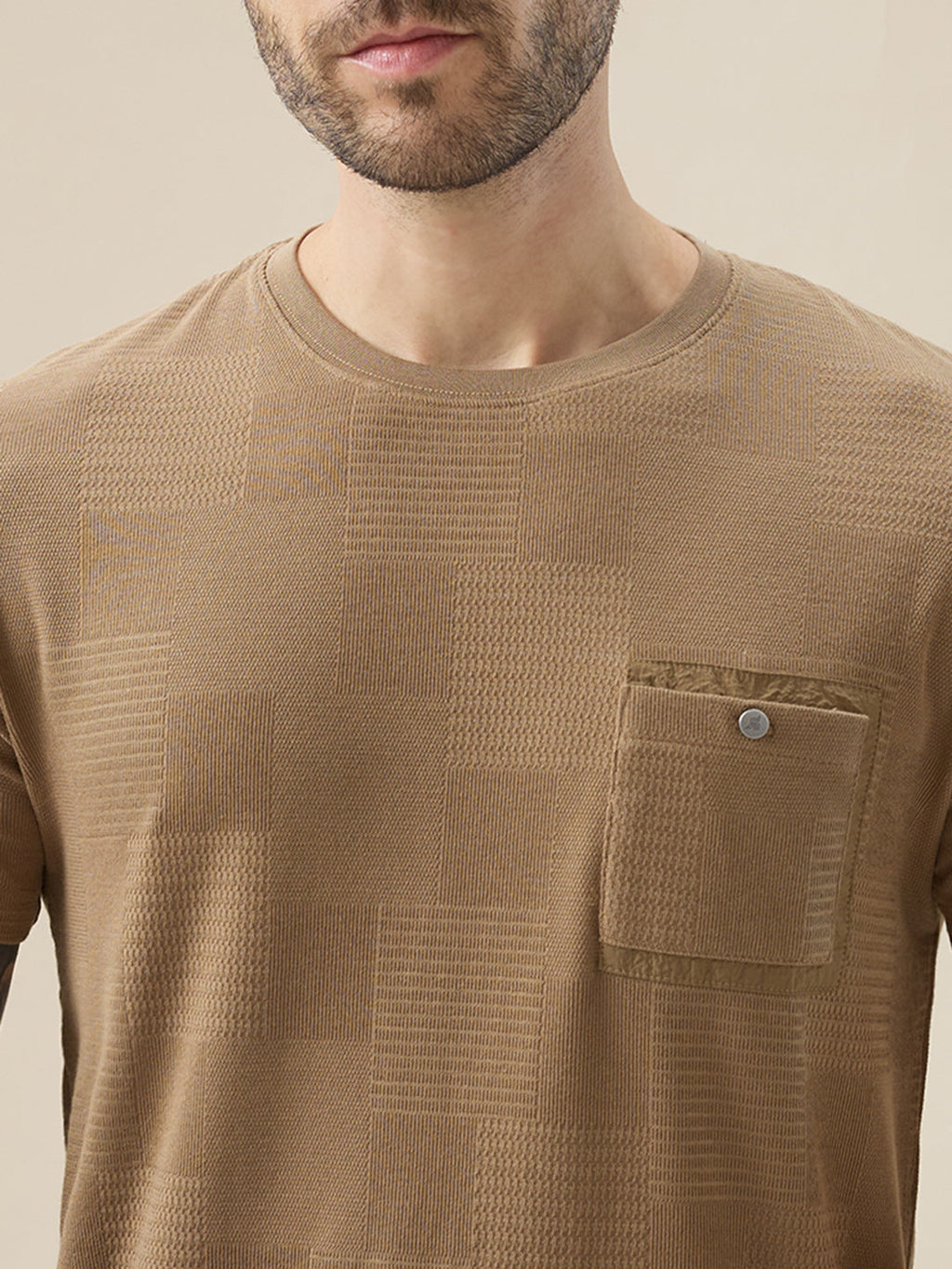 Men's Jacquard Textured Round Neck Half Sleeve Regular Fit T-Shirt with Chest Pocket