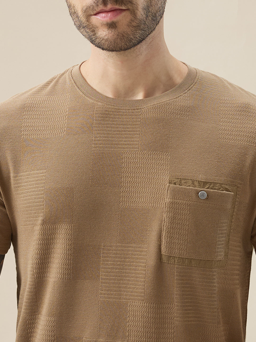 Men's Jacquard Textured Round Neck Half Sleeve Regular Fit T-Shirt with Chest Pocket