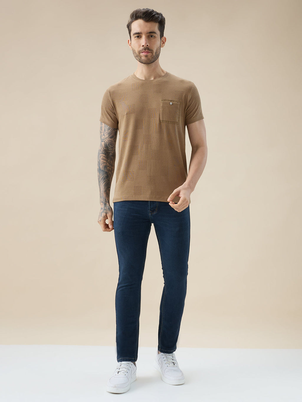Men's Jacquard Textured Round Neck Half Sleeve Regular Fit T-Shirt with Chest Pocket