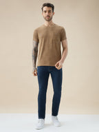 Men's Jacquard Textured Round Neck Half Sleeve Regular Fit T-Shirt with Chest Pocket