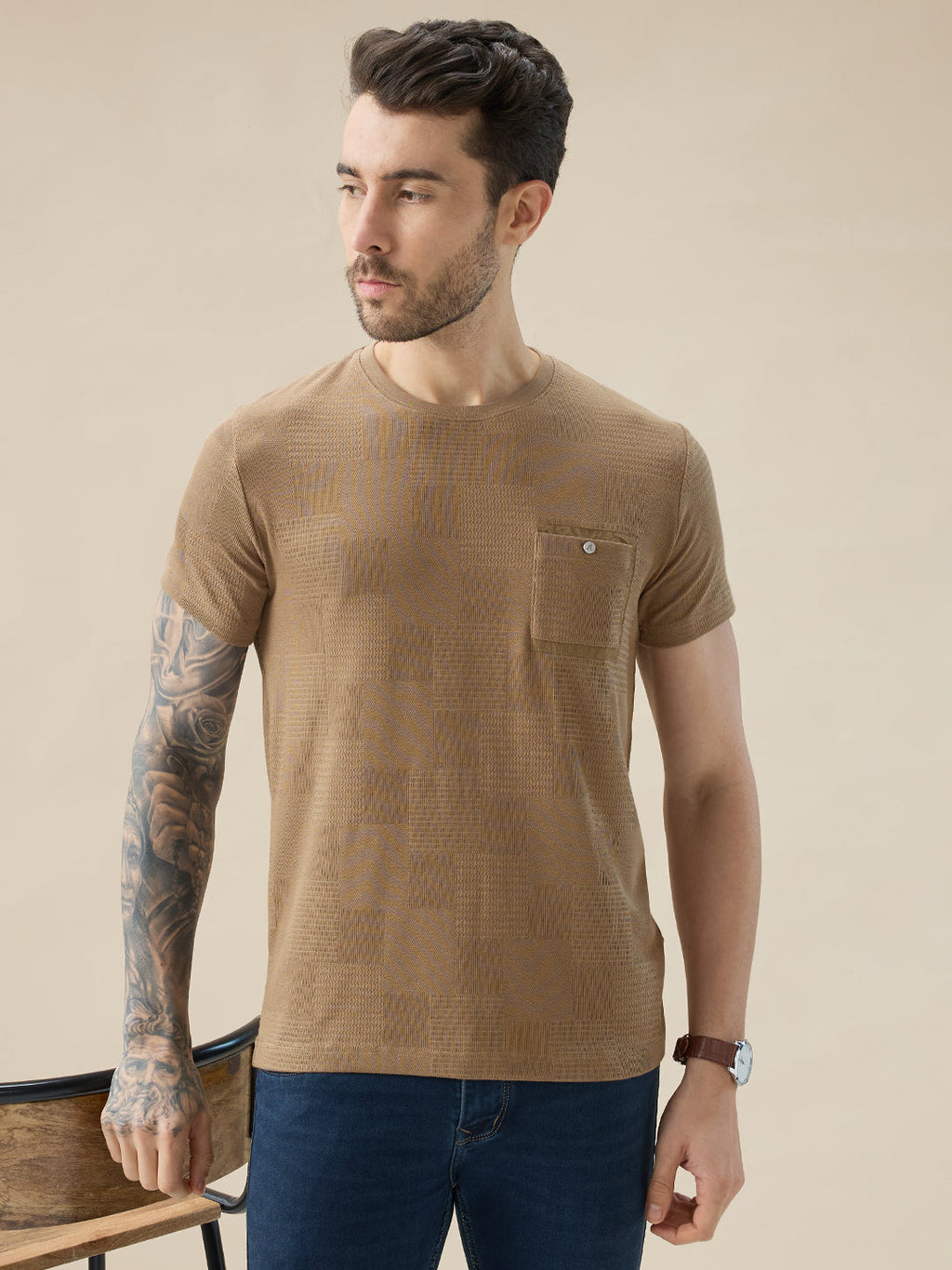 Men's Jacquard Textured Round Neck Half Sleeve Regular Fit T-Shirt with Chest Pocket