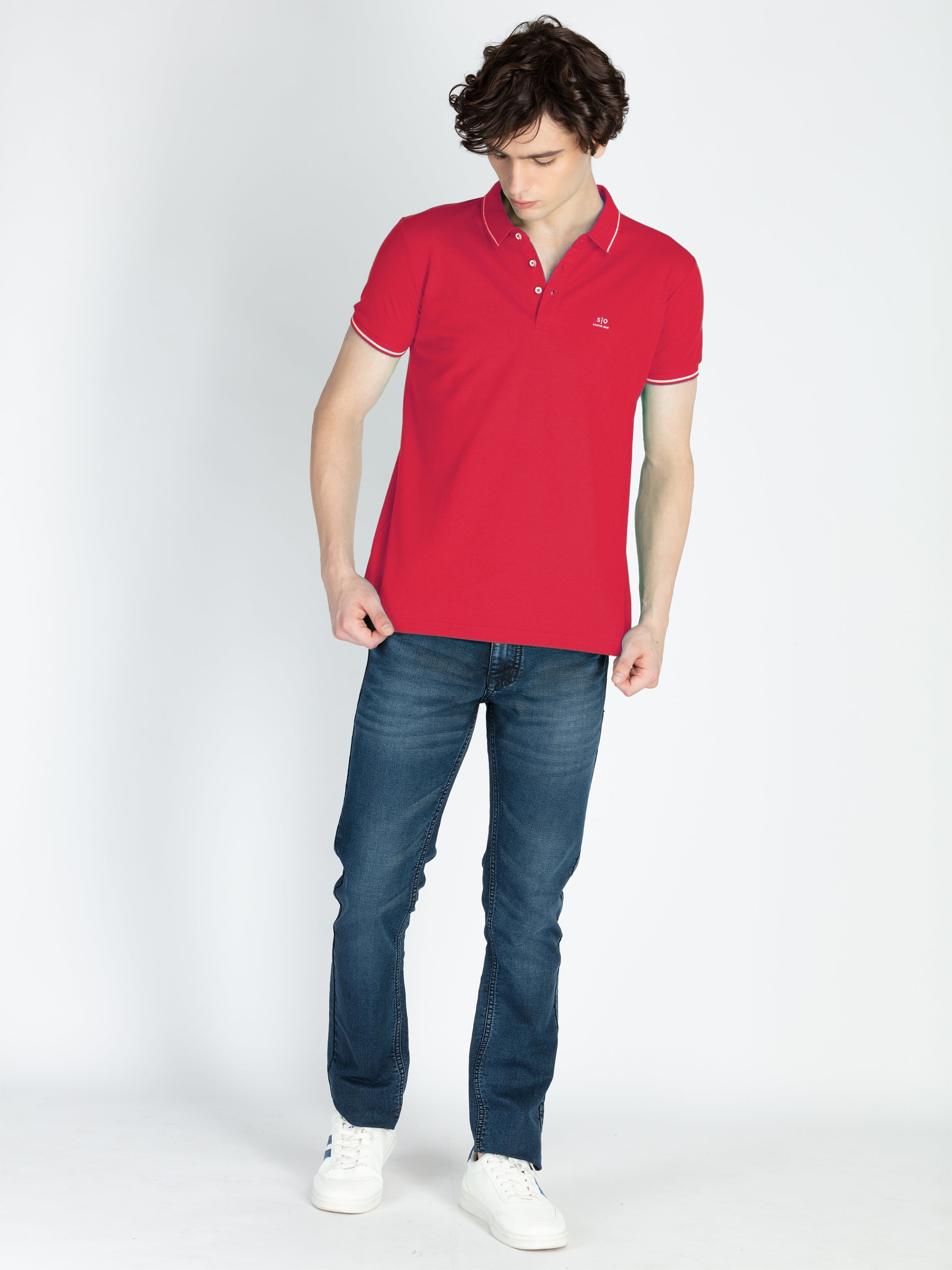 Mens Solid Half Sleeves Slim Fit Polo T-Shirt with Tipping Collar