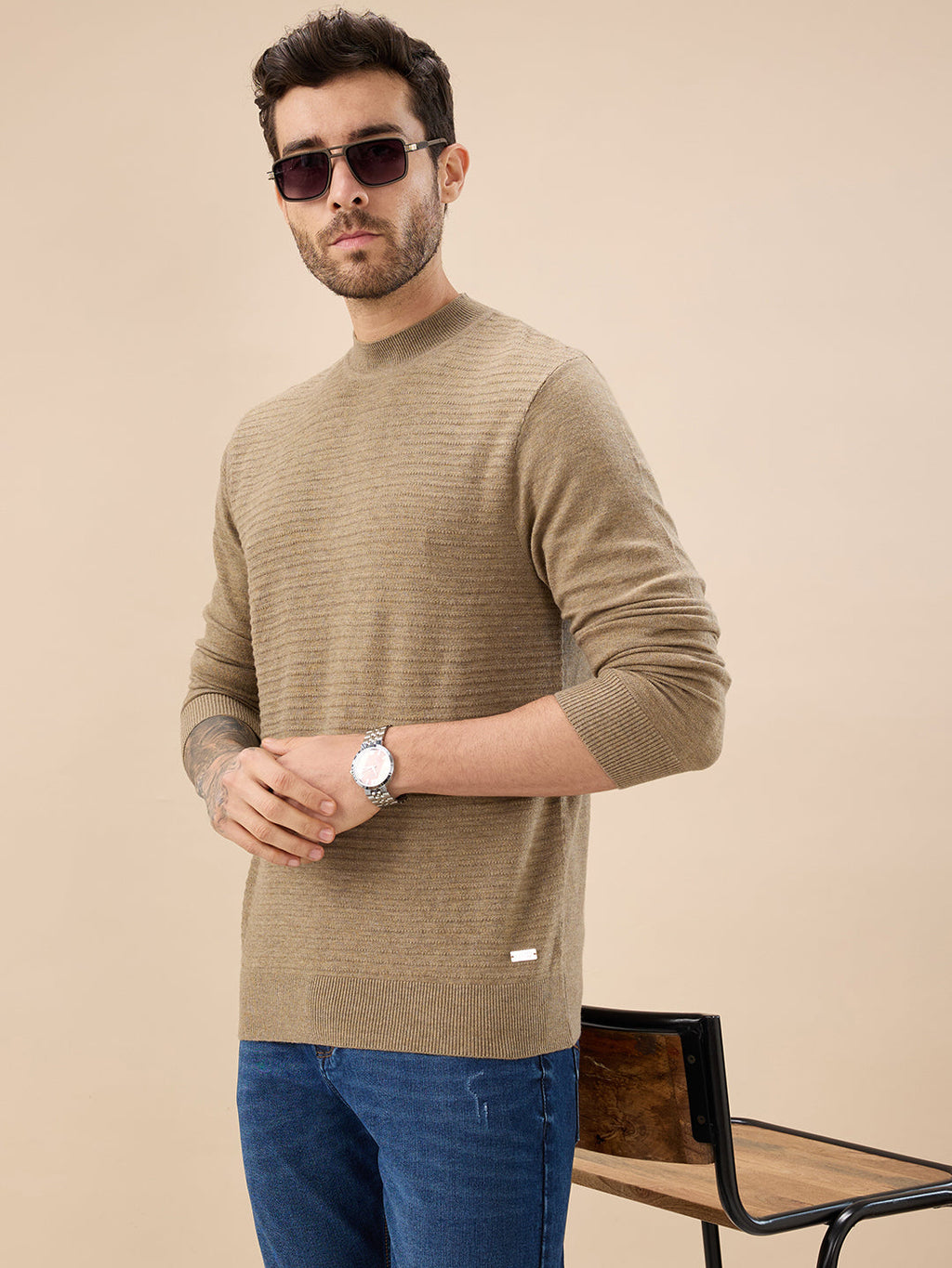 Men's Solid Textured Full Sleeves Round Neck Regular Fit Fleece Sweater