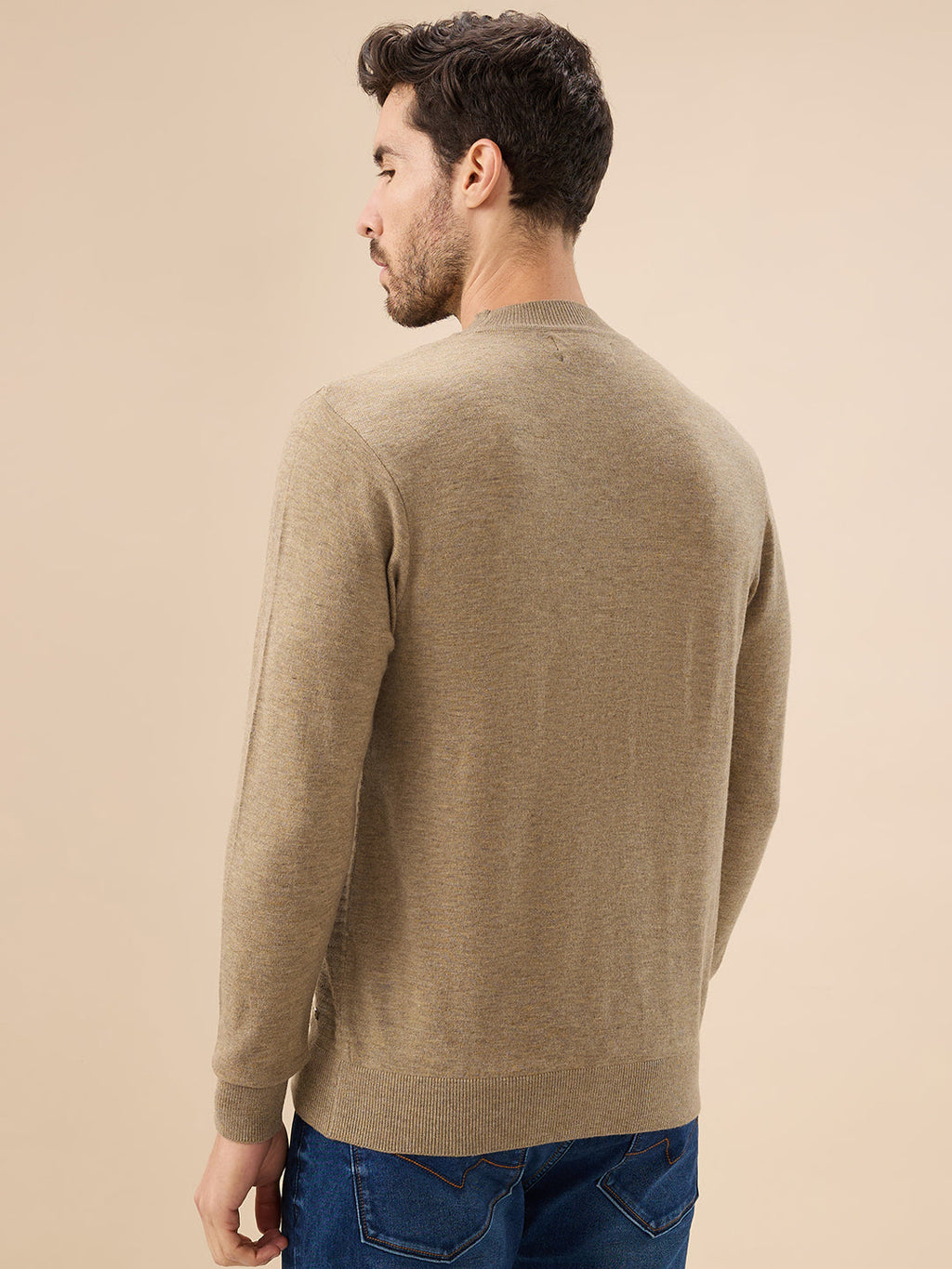 Men's Solid Textured Full Sleeves Round Neck Regular Fit Fleece Sweater