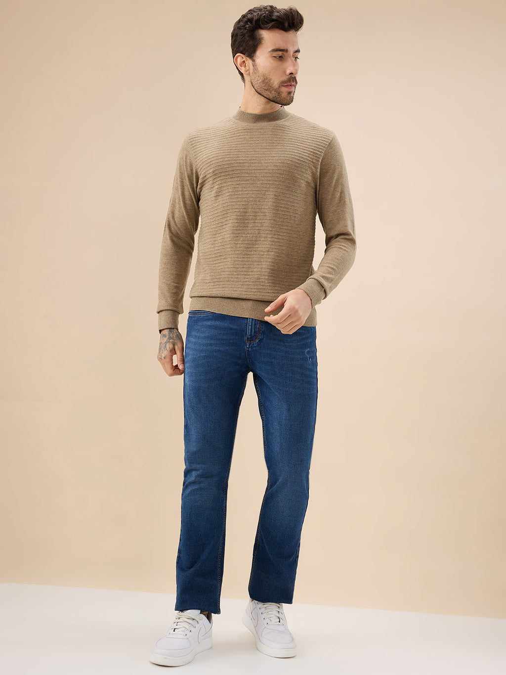 Men's Solid Textured Full Sleeves Round Neck Regular Fit Fleece Sweater