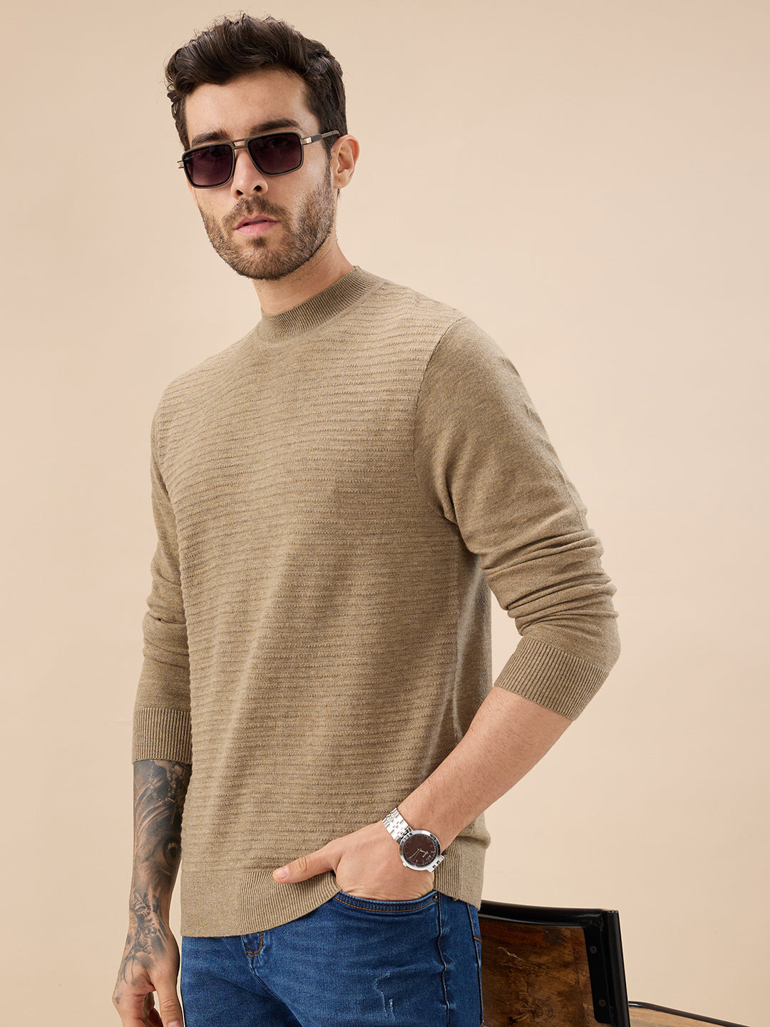 Men's Solid Textured Full Sleeves Round Neck Regular Fit Fleece Sweater