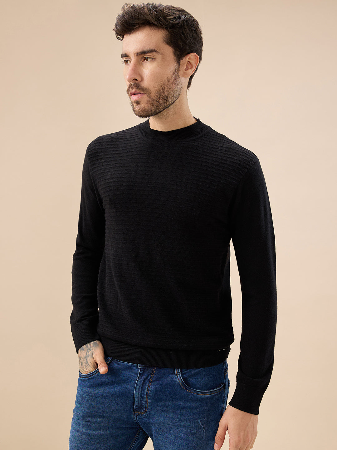 Men's Solid Textured Full Sleeves Round Neck Regular Fit Fleece Sweater Secondary image