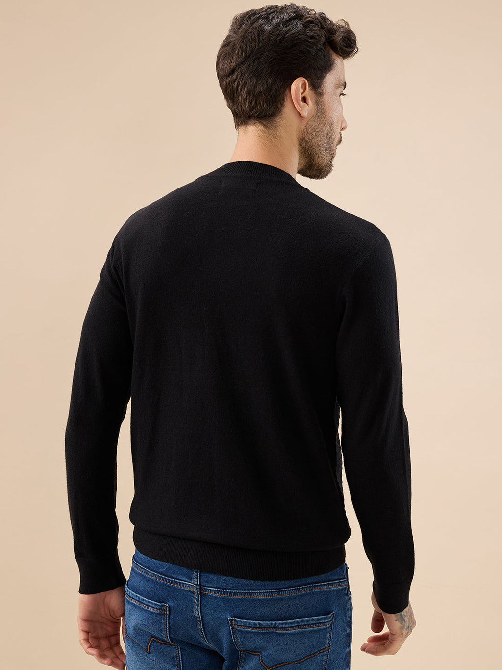 Men's Solid Textured Full Sleeves Round Neck Regular Fit Fleece Sweater