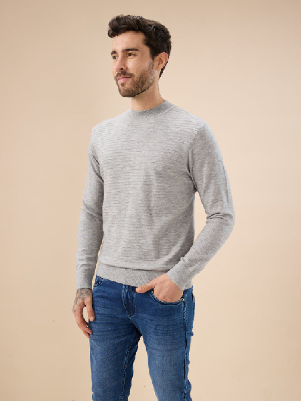 Men's Solid Textured Full Sleeves Round Neck Regular Fit Fleece Sweater