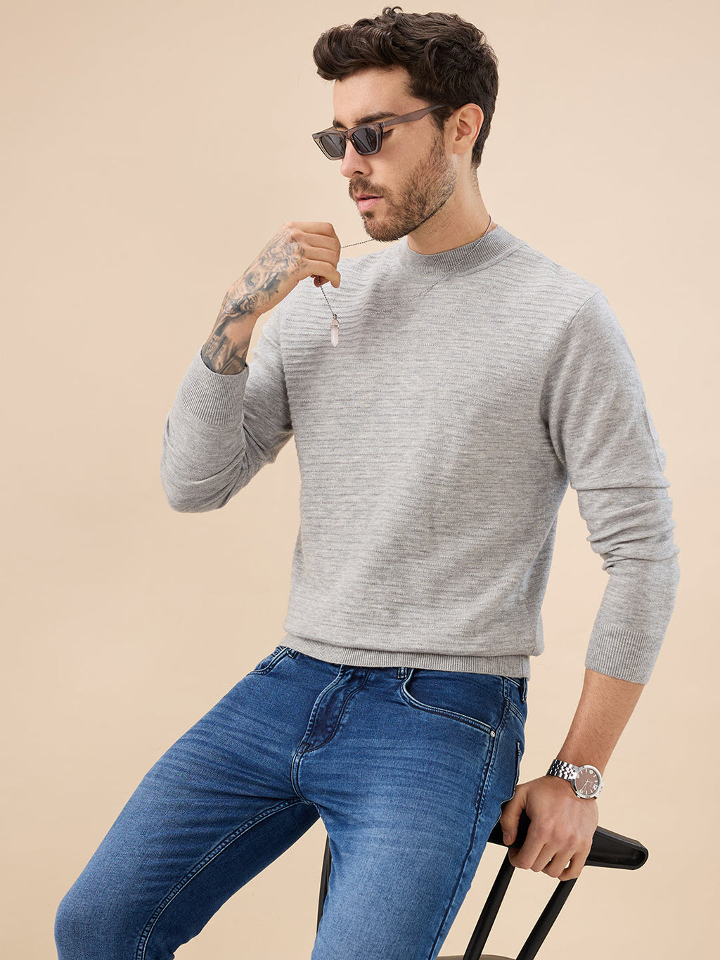 Men's Solid Textured Full Sleeves Round Neck Regular Fit Fleece Sweater