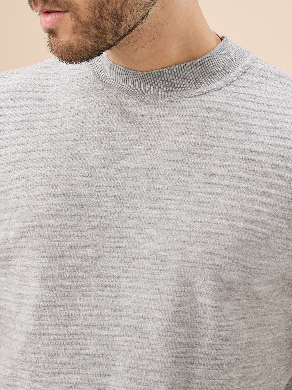 Men's Solid Textured Full Sleeves Round Neck Regular Fit Fleece Sweater