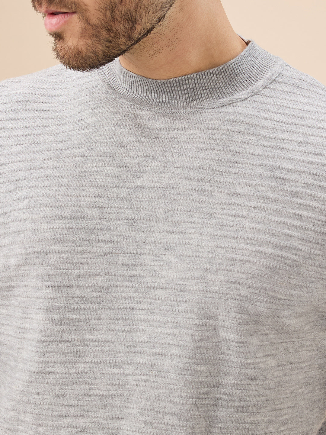 Men's Solid Textured Full Sleeves Round Neck Regular Fit Fleece Sweater