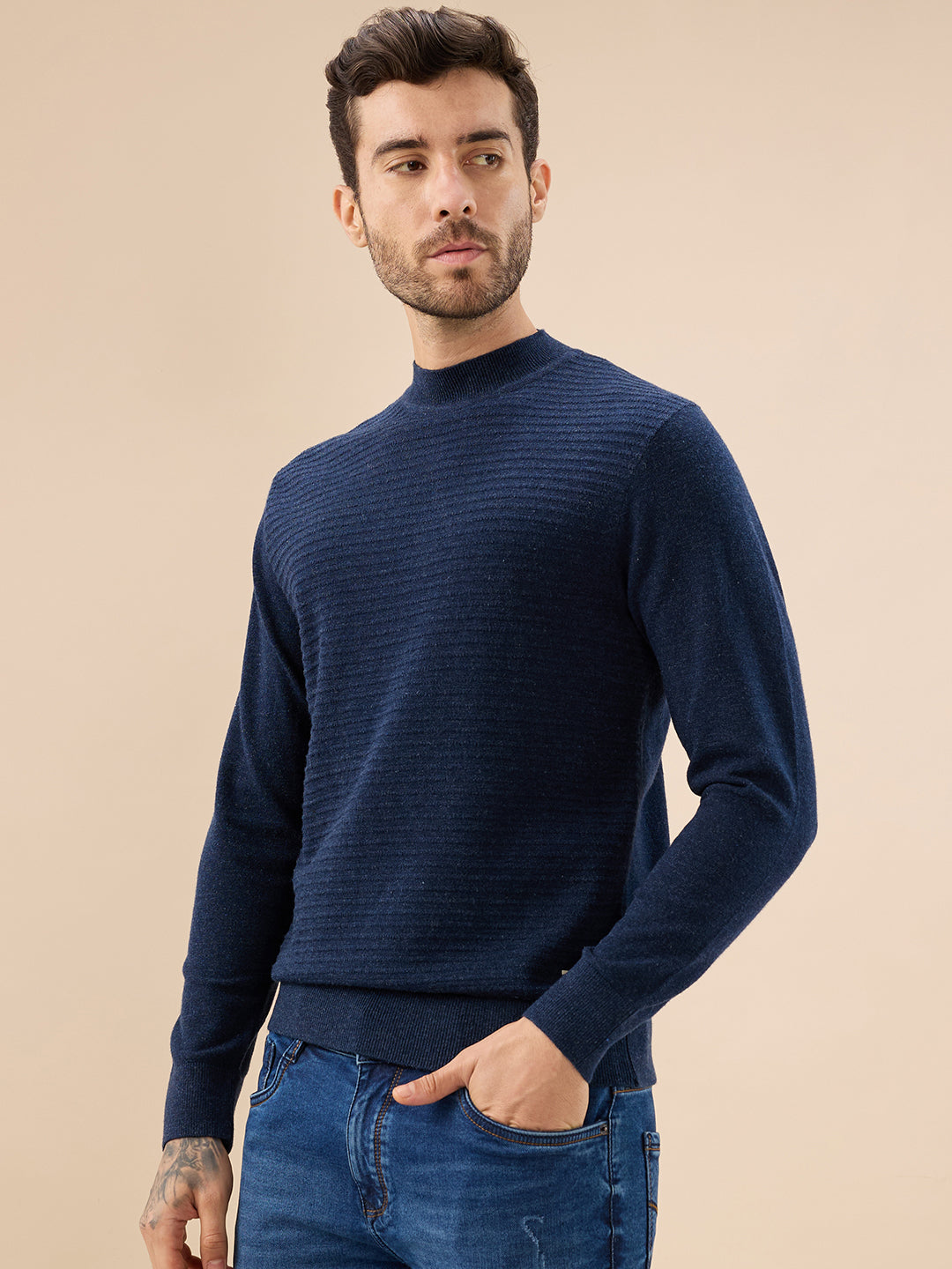 Men's Solid Textured Full Sleeves Round Neck Regular Fit Fleece Sweater Secondary image