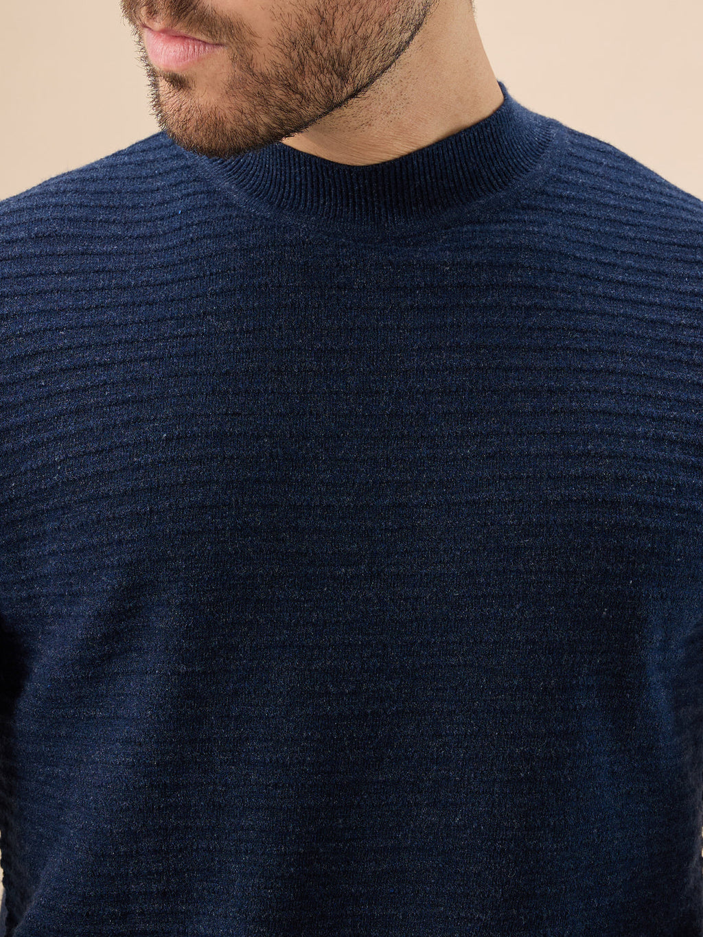 Men's Solid Textured Full Sleeves Round Neck Regular Fit Fleece Sweater