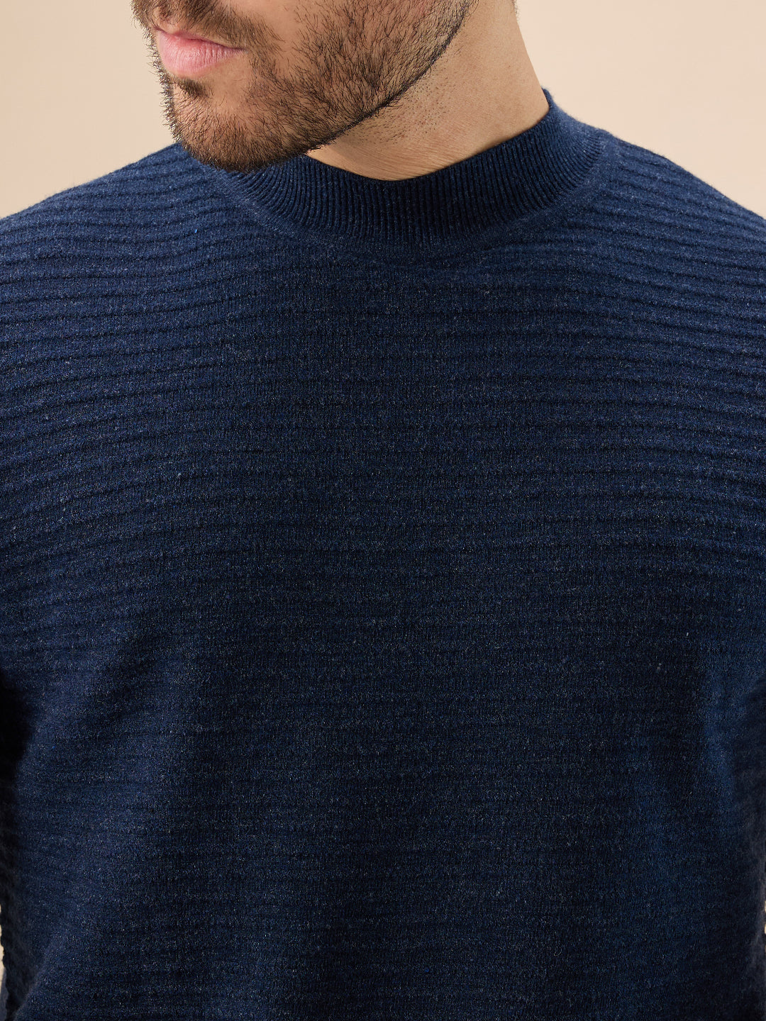 Men's Solid Textured Full Sleeves Round Neck Regular Fit Fleece Sweater