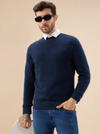 Men's Solid Textured Full Sleeves Round Neck Regular Fit Fleece Sweater