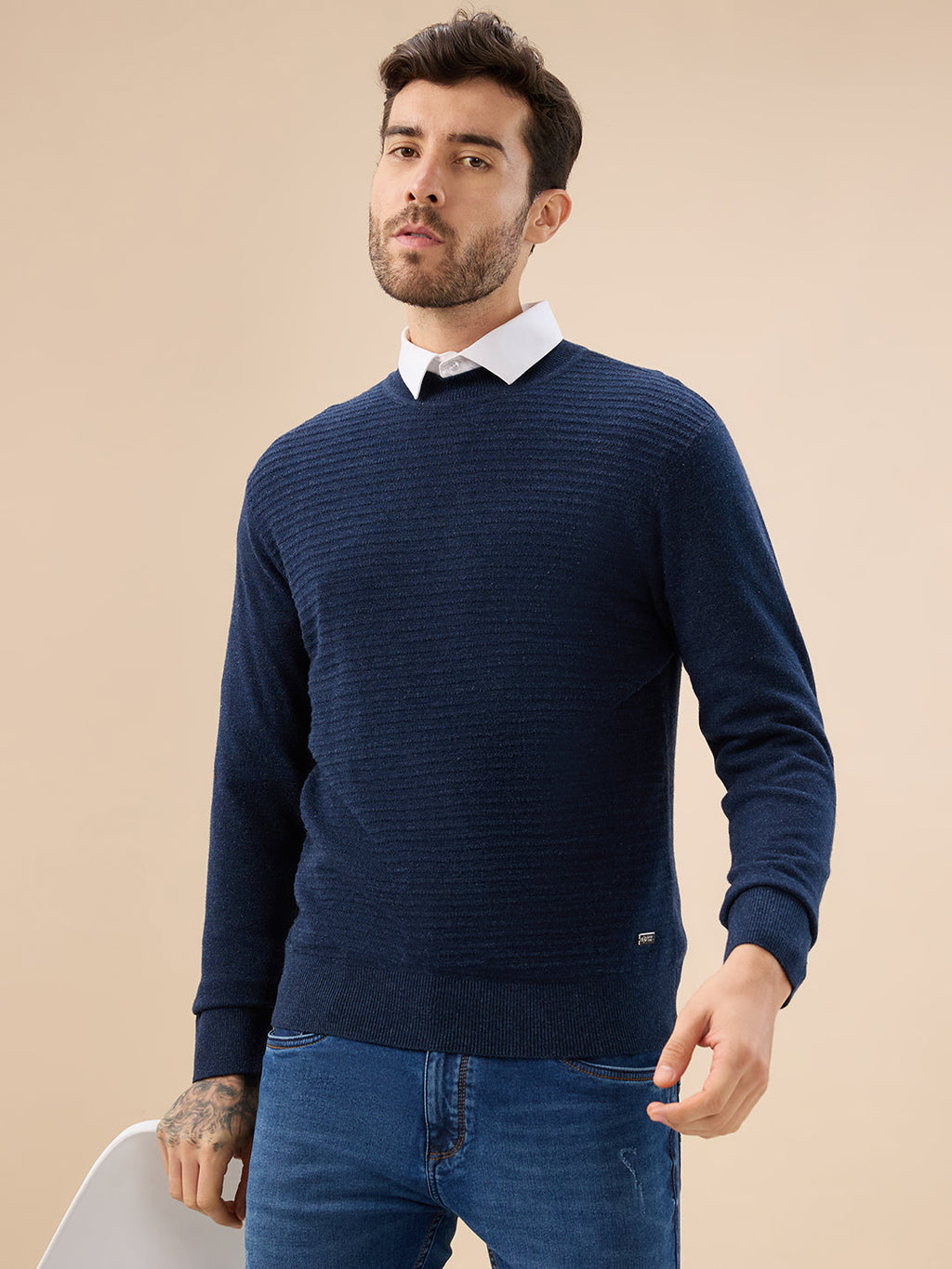 Men's Solid Textured Full Sleeves Round Neck Regular Fit Fleece Sweater