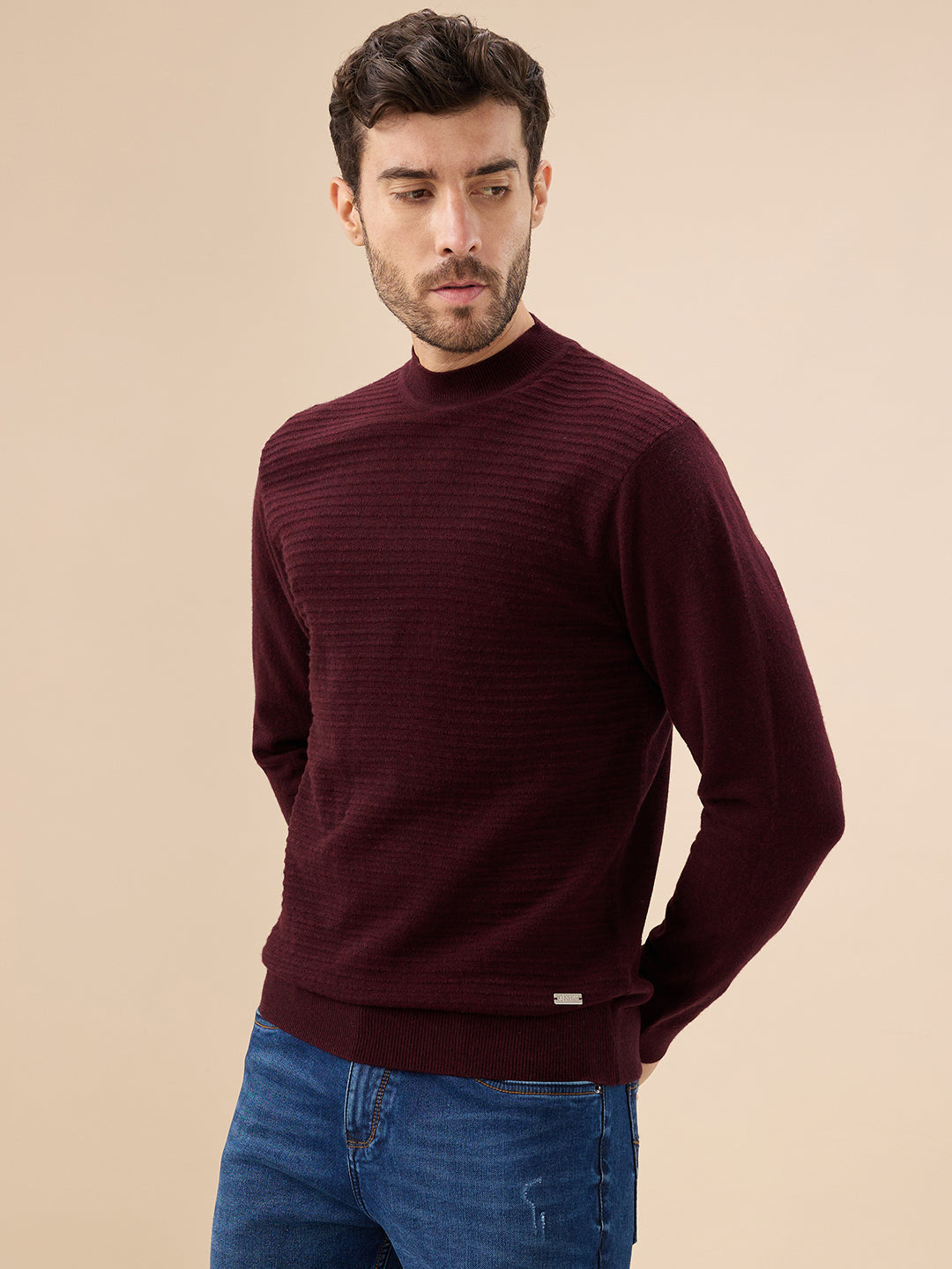 Men's Solid Textured Full Sleeves Round Neck Regular Fit Fleece Sweater Secondary image