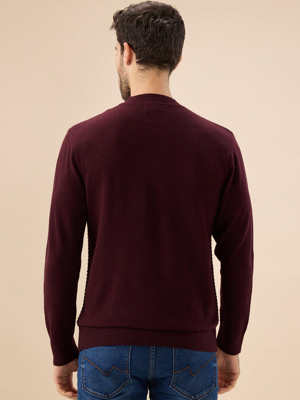 Men's Solid Textured Full Sleeves Round Neck Regular Fit Fleece Sweater