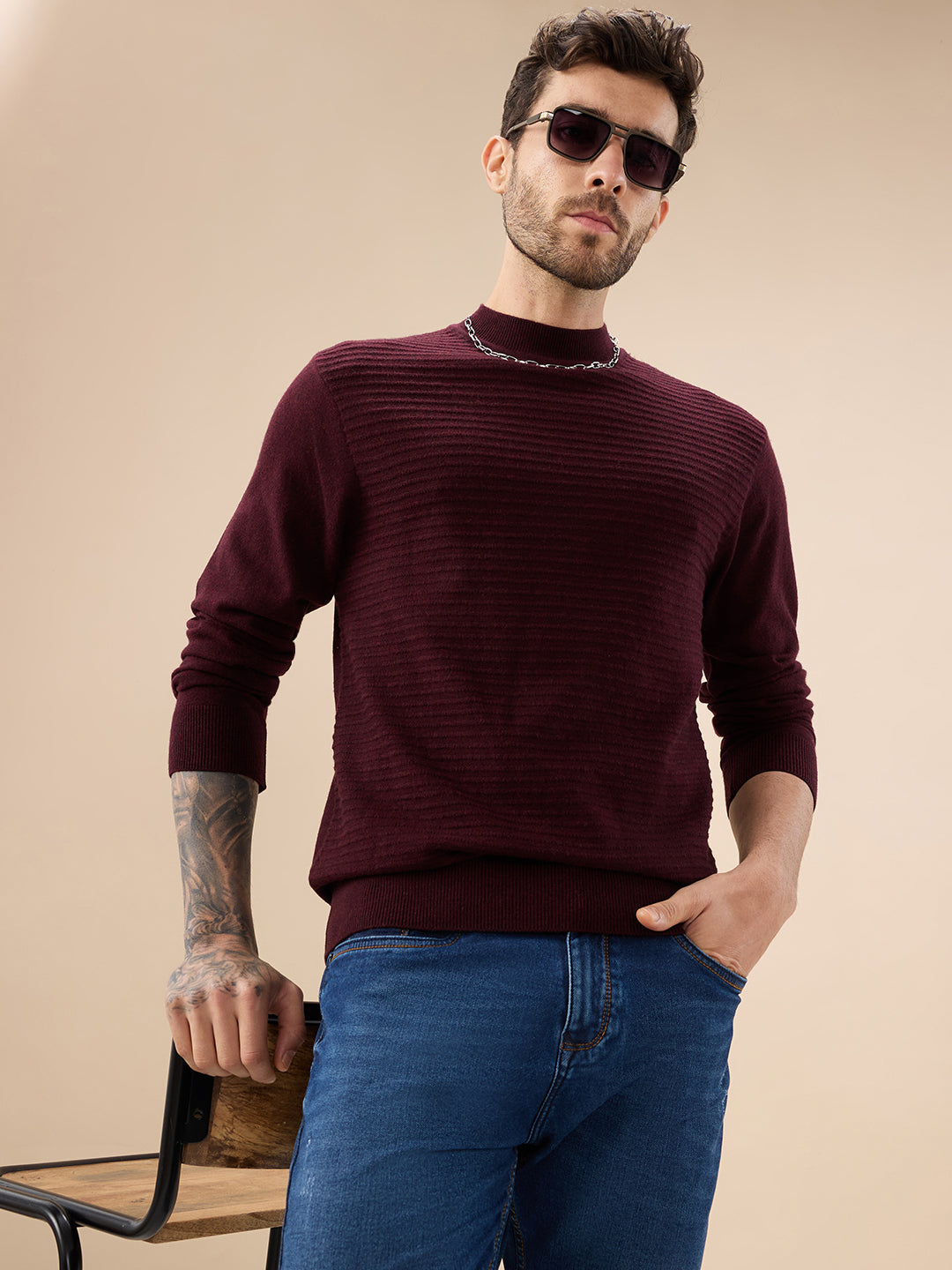 Men's Solid Textured Full Sleeves Round Neck Regular Fit Fleece Sweater