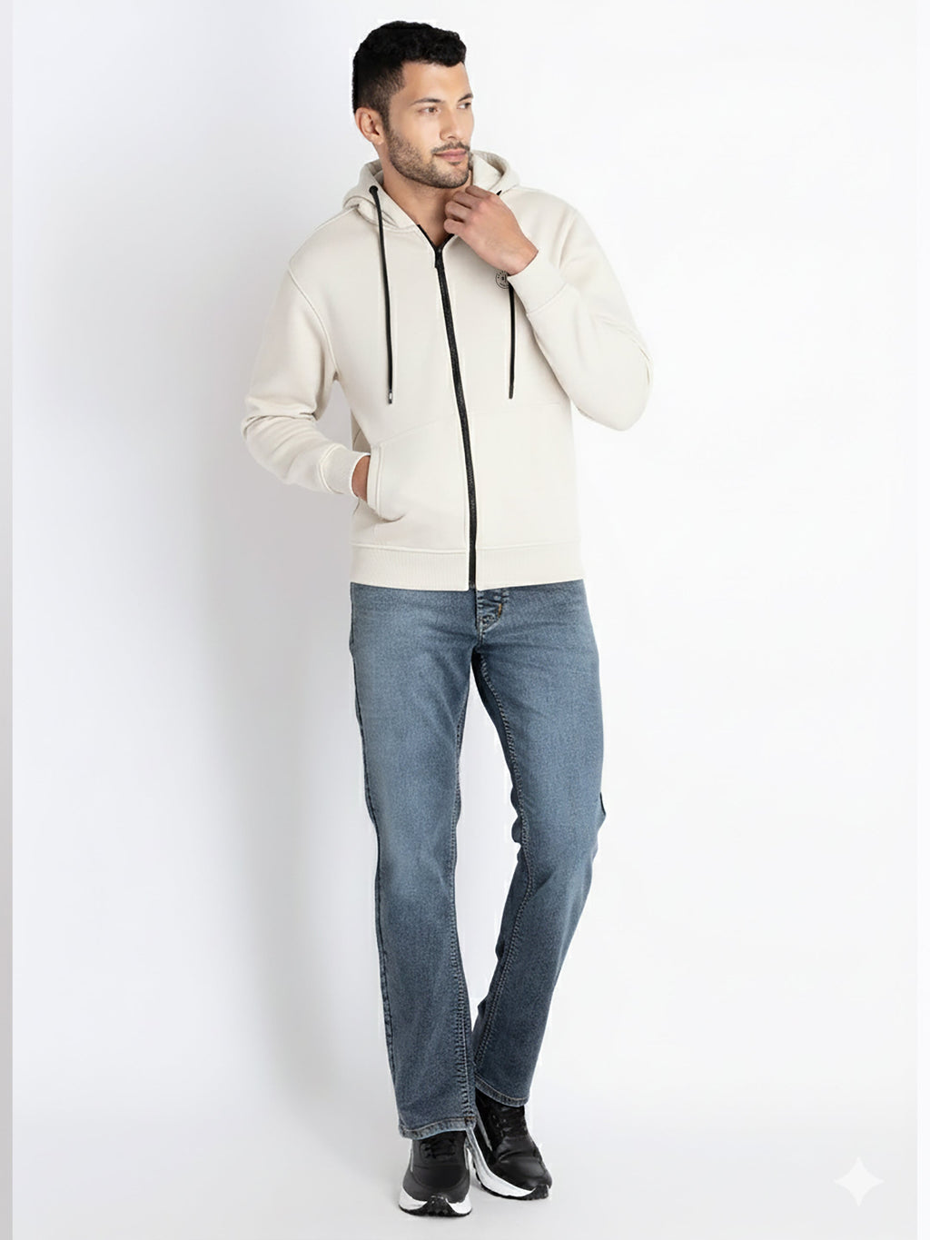 Solid Fleece Zipper Sweatshirt With Hoodie