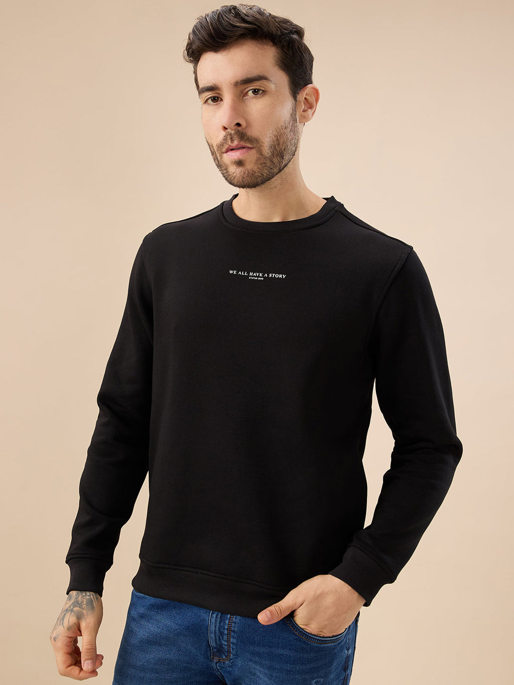 Men's Chest Typography Print Full Sleeves Round Neck Regular Fit Fleece Sweatshirt