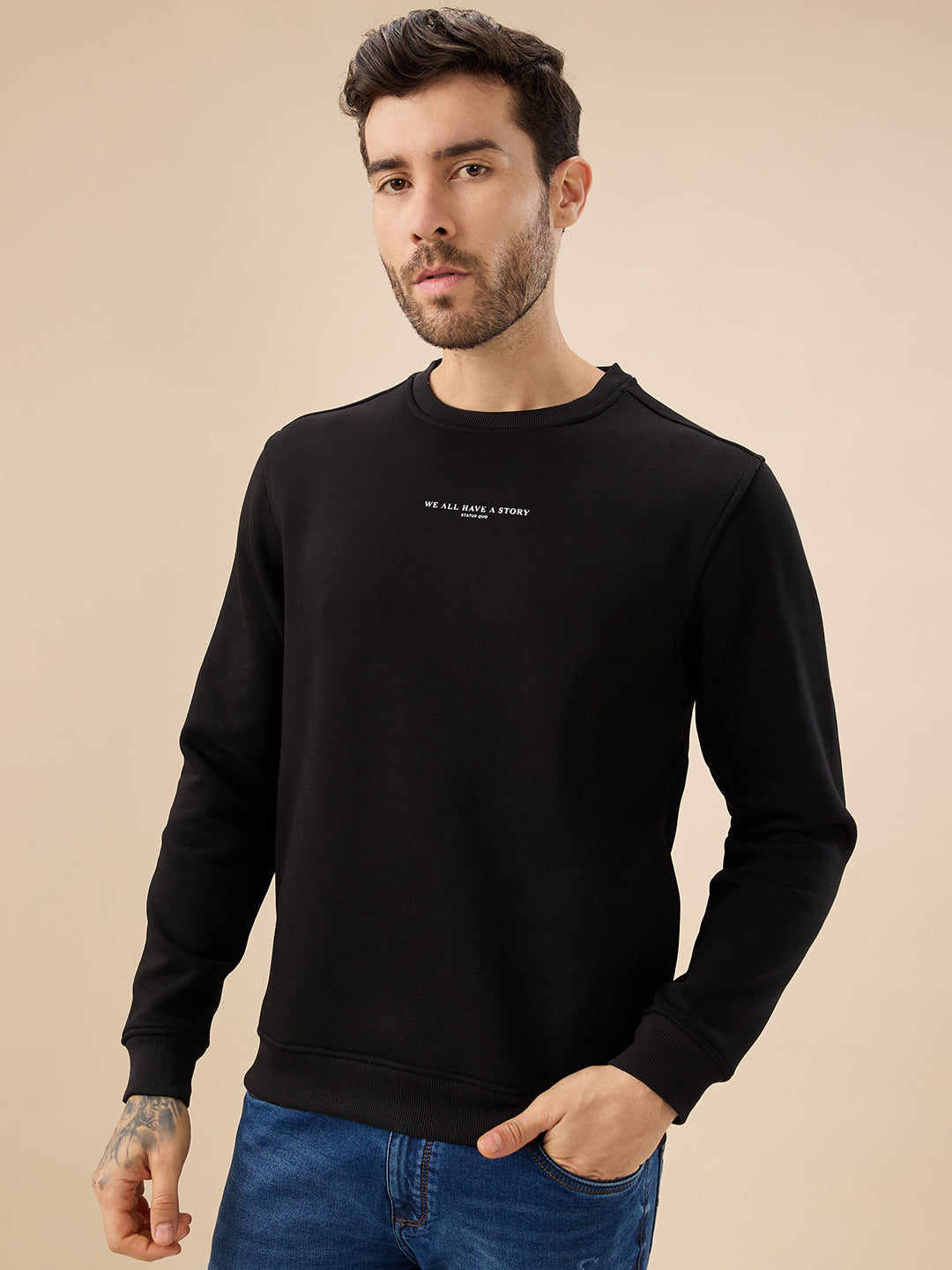Men's Chest Typography Print Full Sleeves Round Neck Regular Fit Fleece Sweatshirt