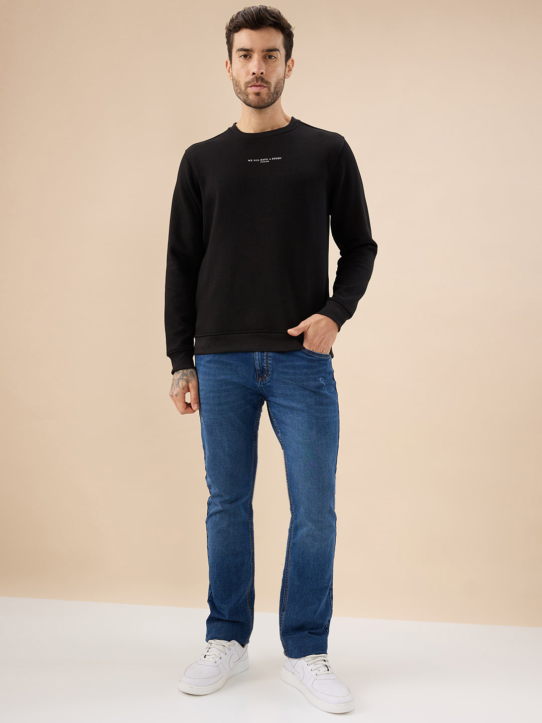 Men's Chest Typography Print Full Sleeves Round Neck Regular Fit Fleece Sweatshirt