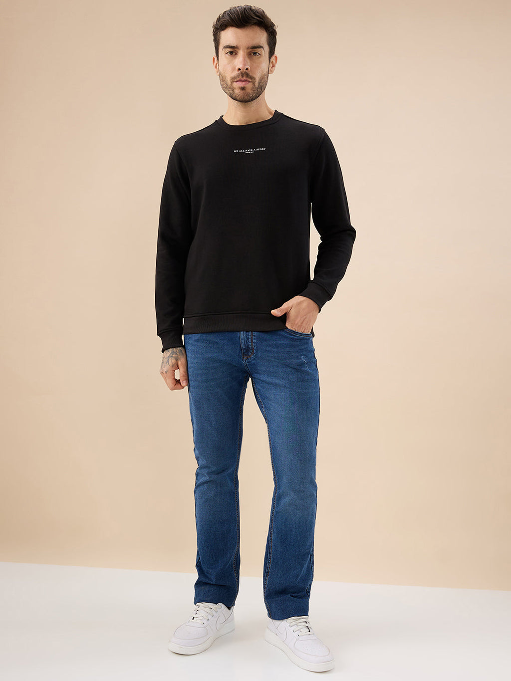 Men's Chest Typography Print Full Sleeves Round Neck Regular Fit Fleece Sweatshirt