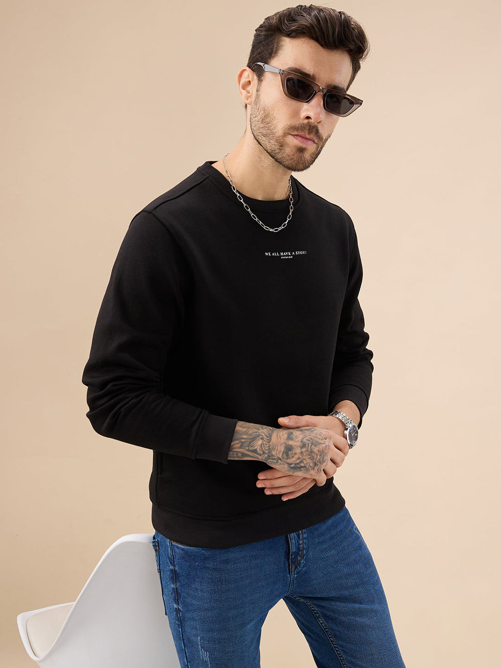 Men's Chest Typography Print Full Sleeves Round Neck Regular Fit Fleece Sweatshirt