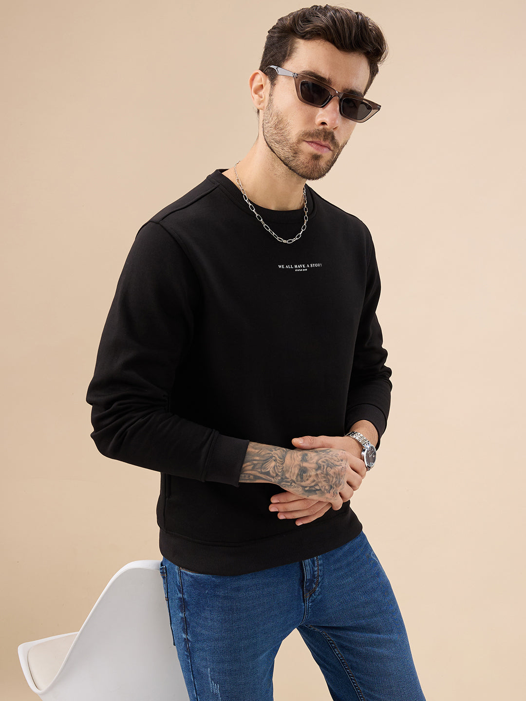 Men's Chest Typography Print Full Sleeves Round Neck Regular Fit Fleece Sweatshirt