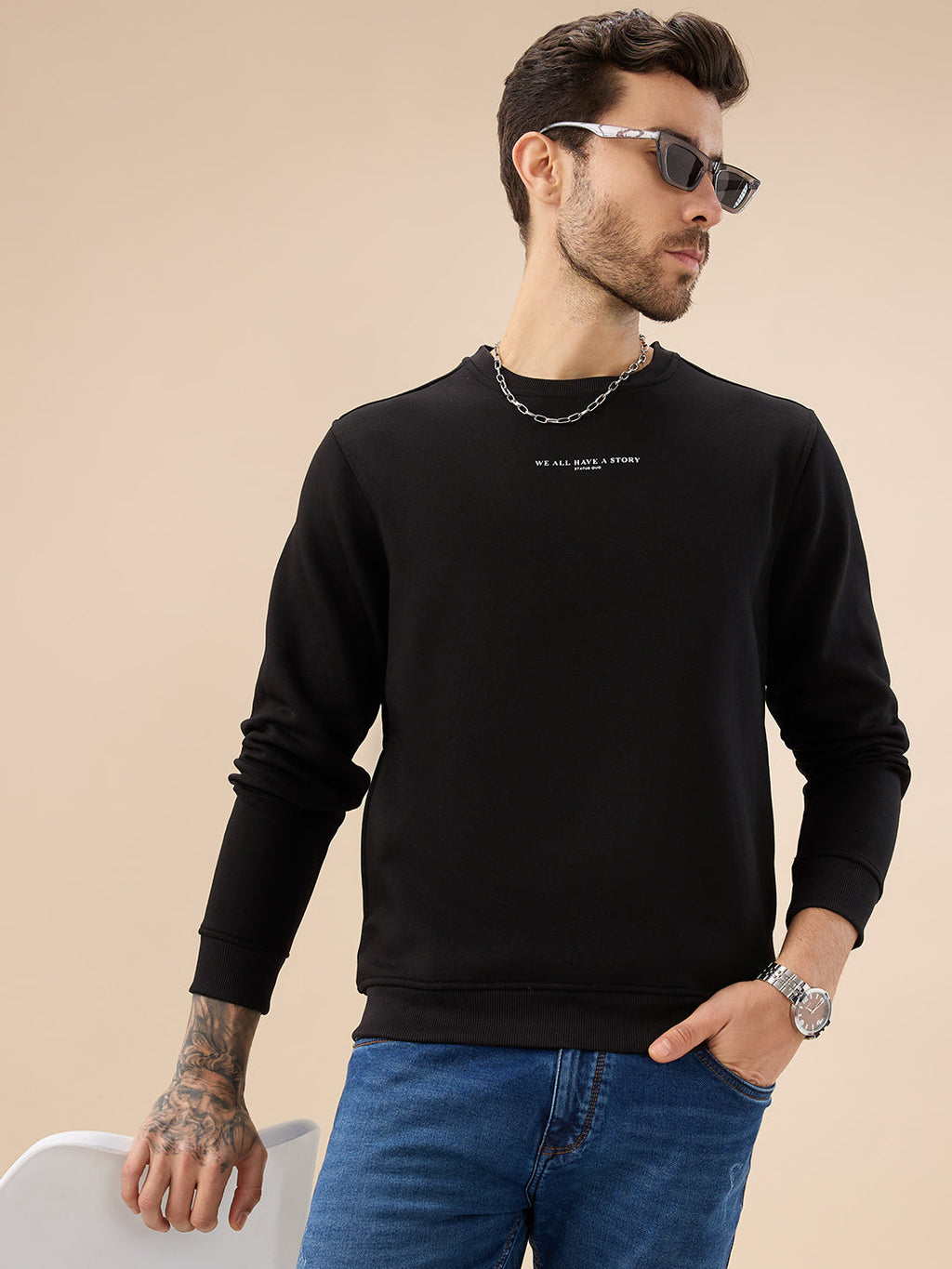 Men's Chest Typography Print Full Sleeves Round Neck Regular Fit Fleece Sweatshirt