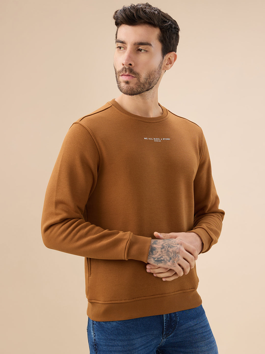 Men's Chest Typography Print Full Sleeves Round Neck Regular Fit Fleece Sweatshirt Secondary image