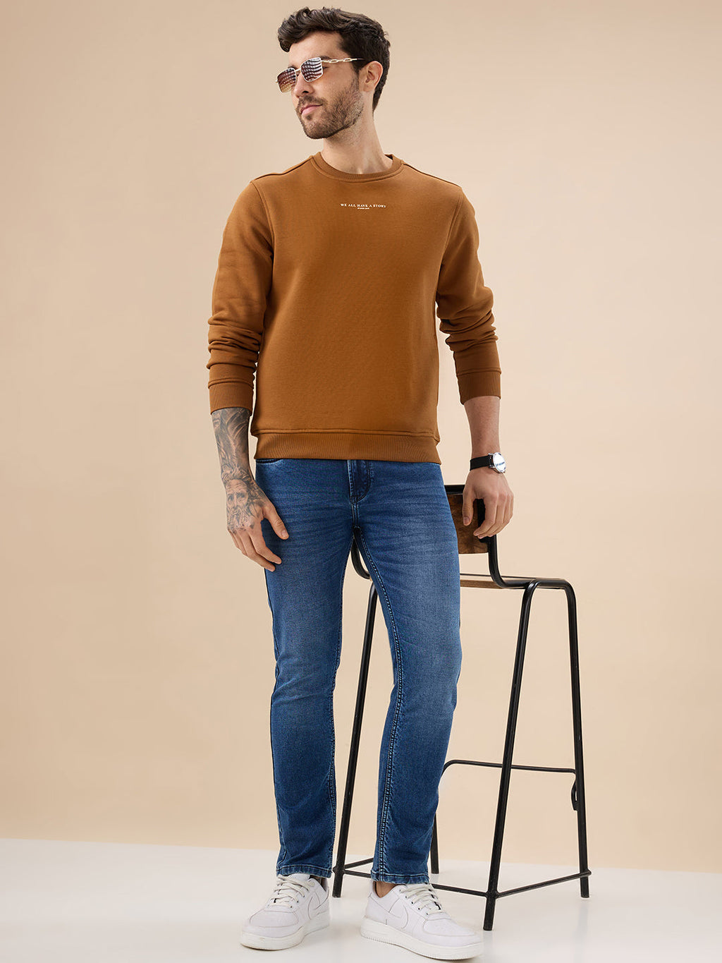 Men's Chest Typography Print Full Sleeves Round Neck Regular Fit Fleece Sweatshirt