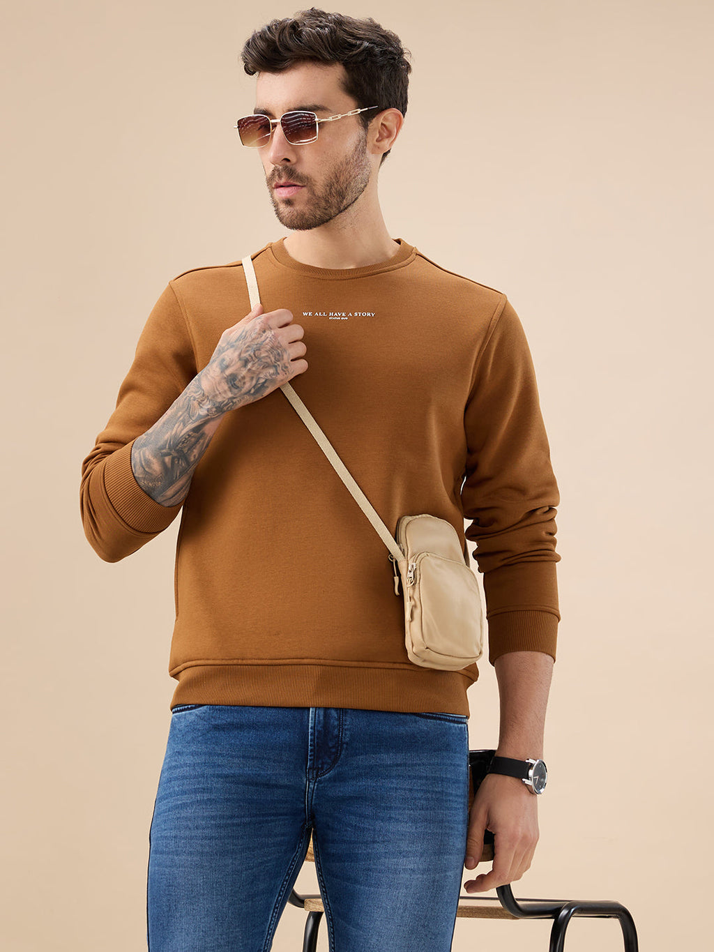 Men's Chest Typography Print Full Sleeves Round Neck Regular Fit Fleece Sweatshirt